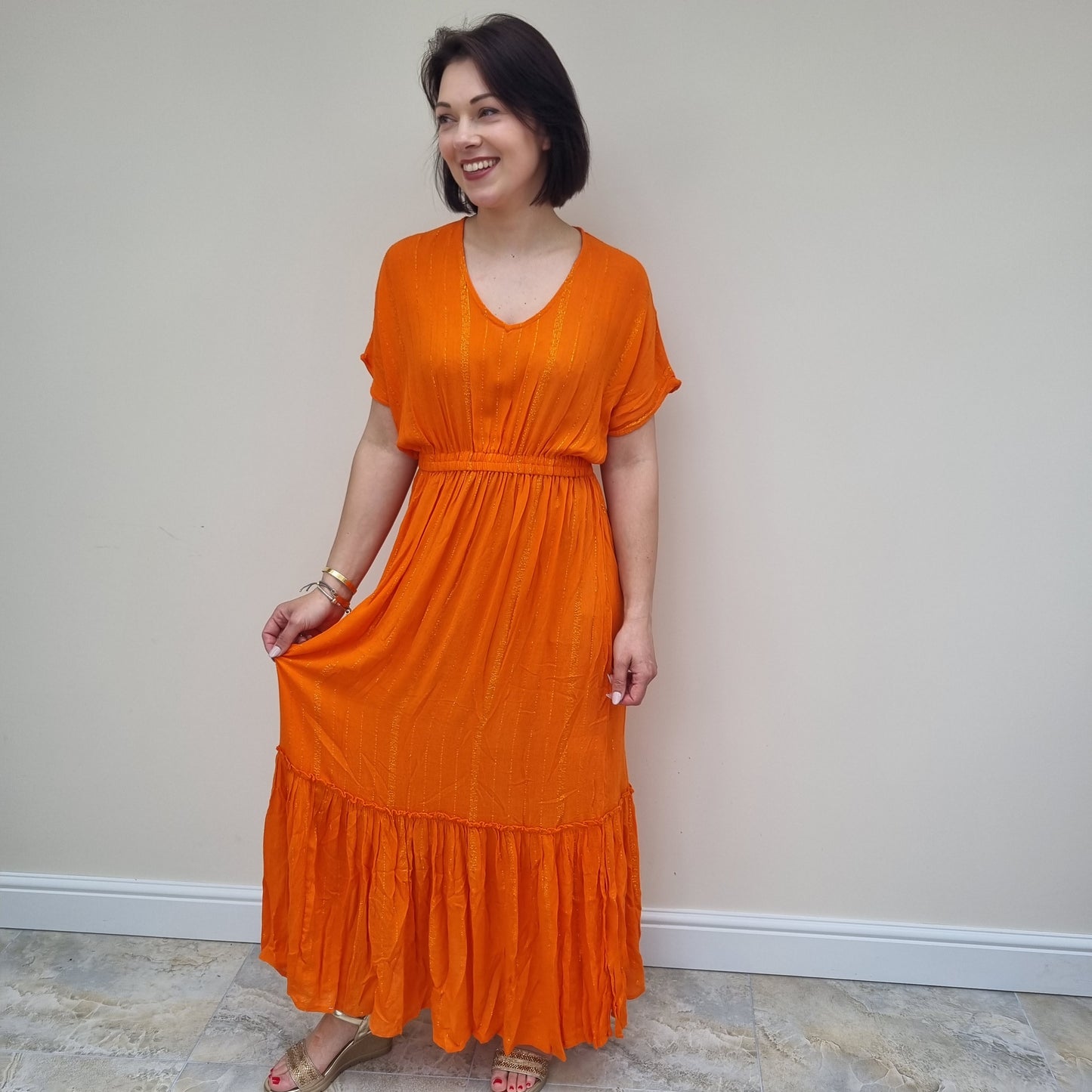 South Beach Metallic stripe v neck tiered dress