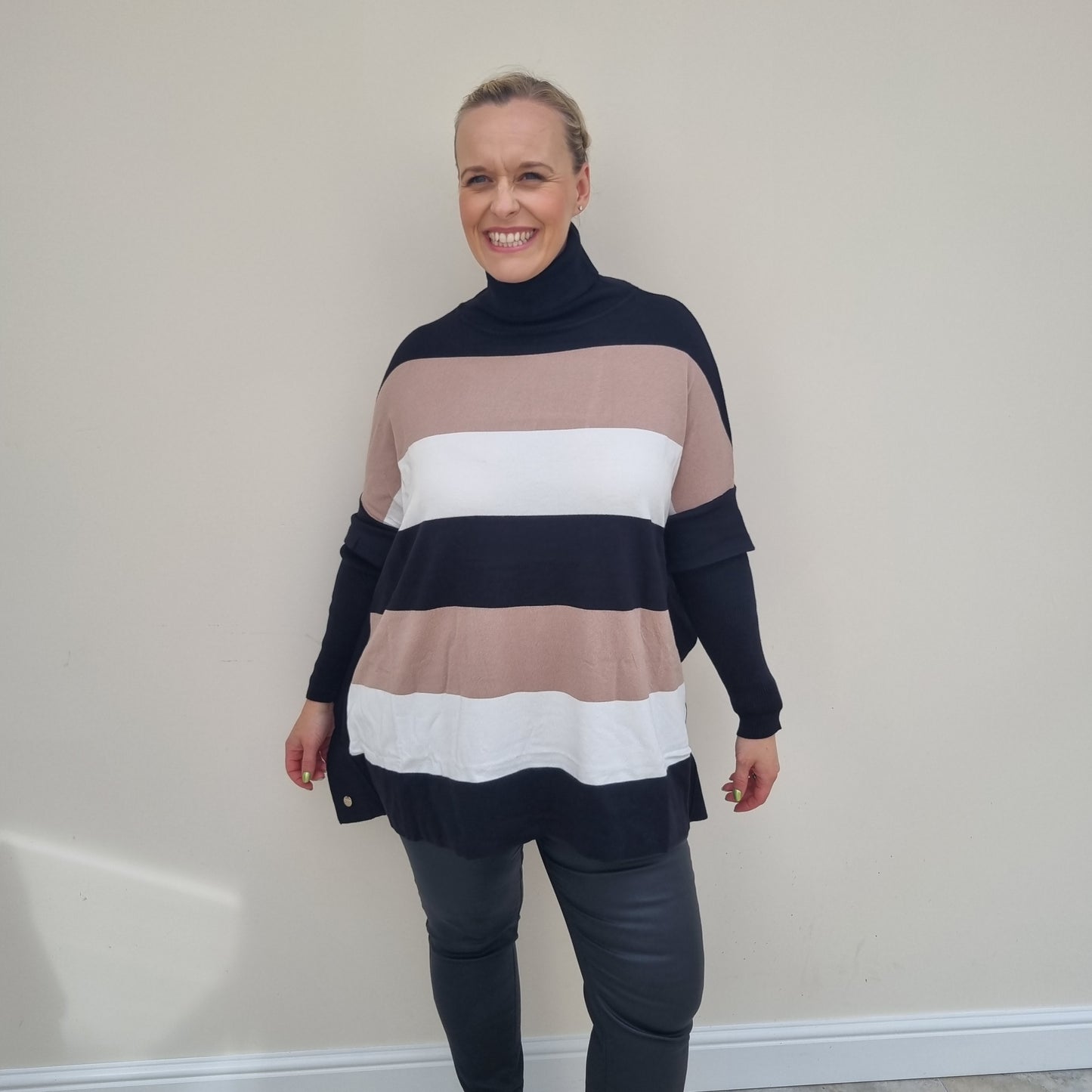 Malissa J Roll Neck jumper with 3 tone stripe