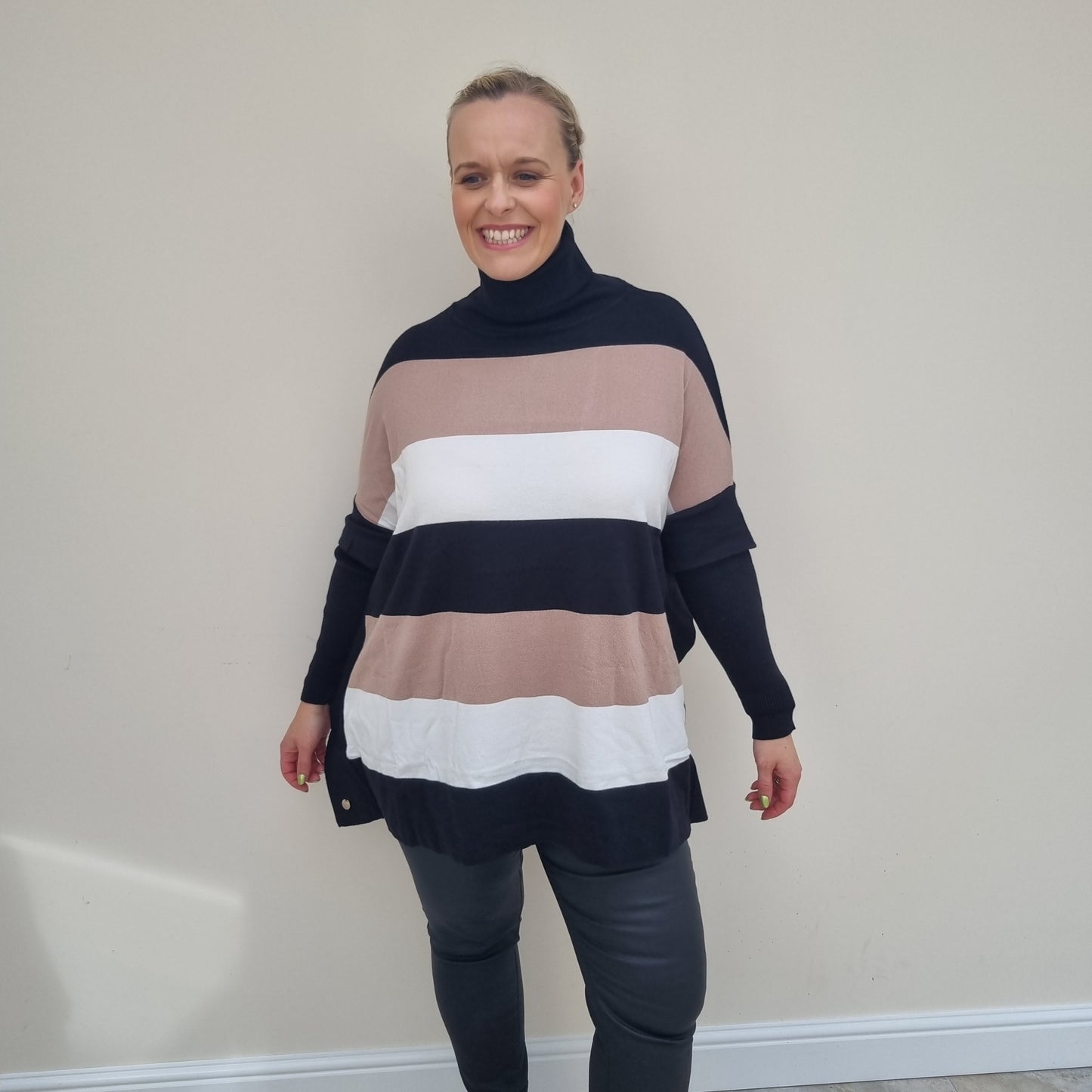 Malissa J Roll Neck jumper with 3 tone stripe