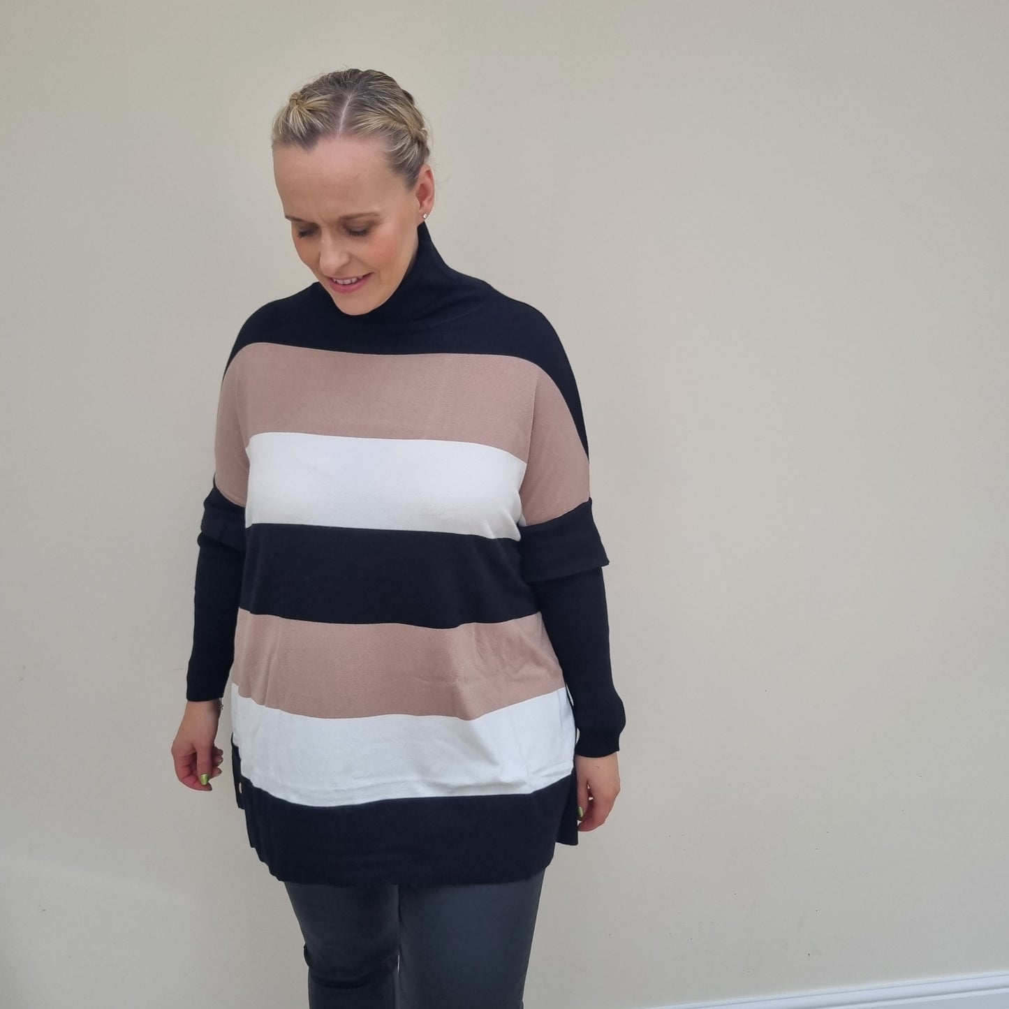 Malissa J Roll Neck jumper with 3 tone stripe