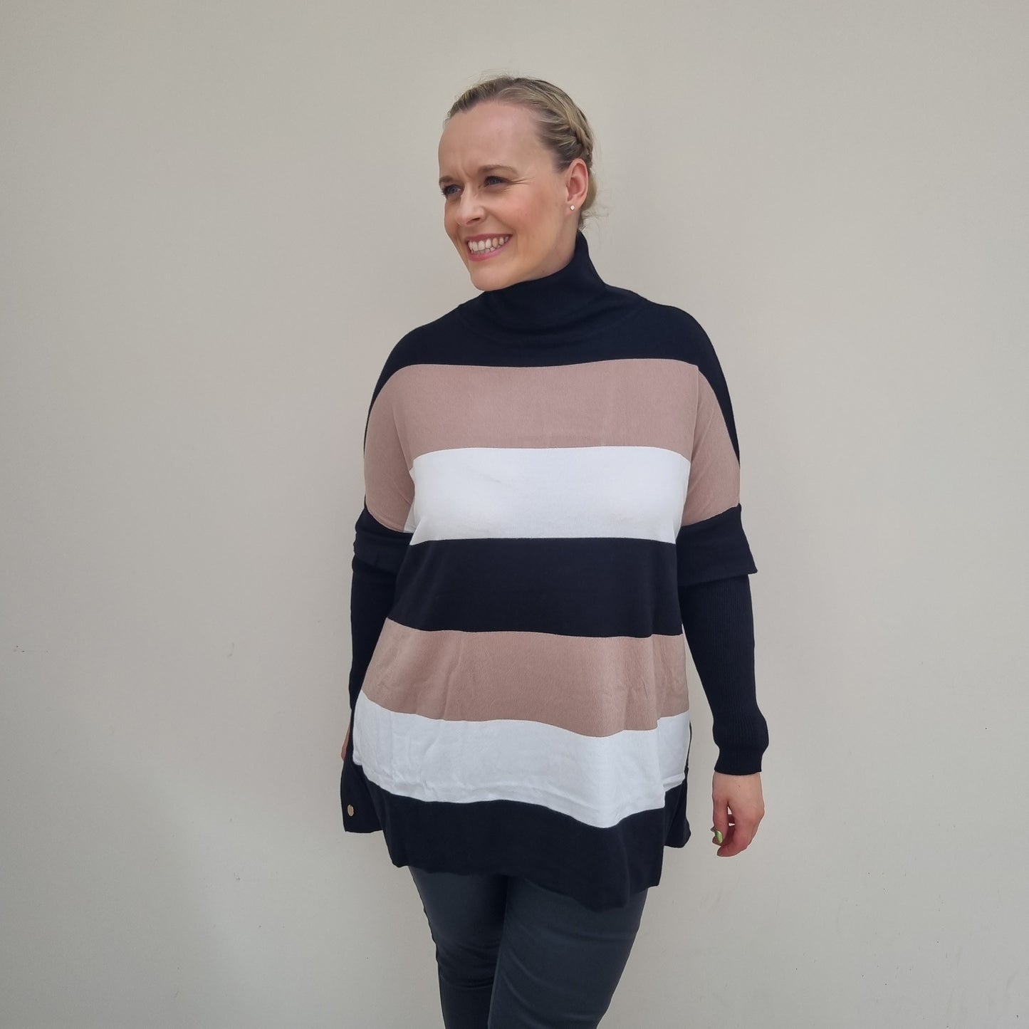 Malissa J Roll Neck jumper with 3 tone stripe