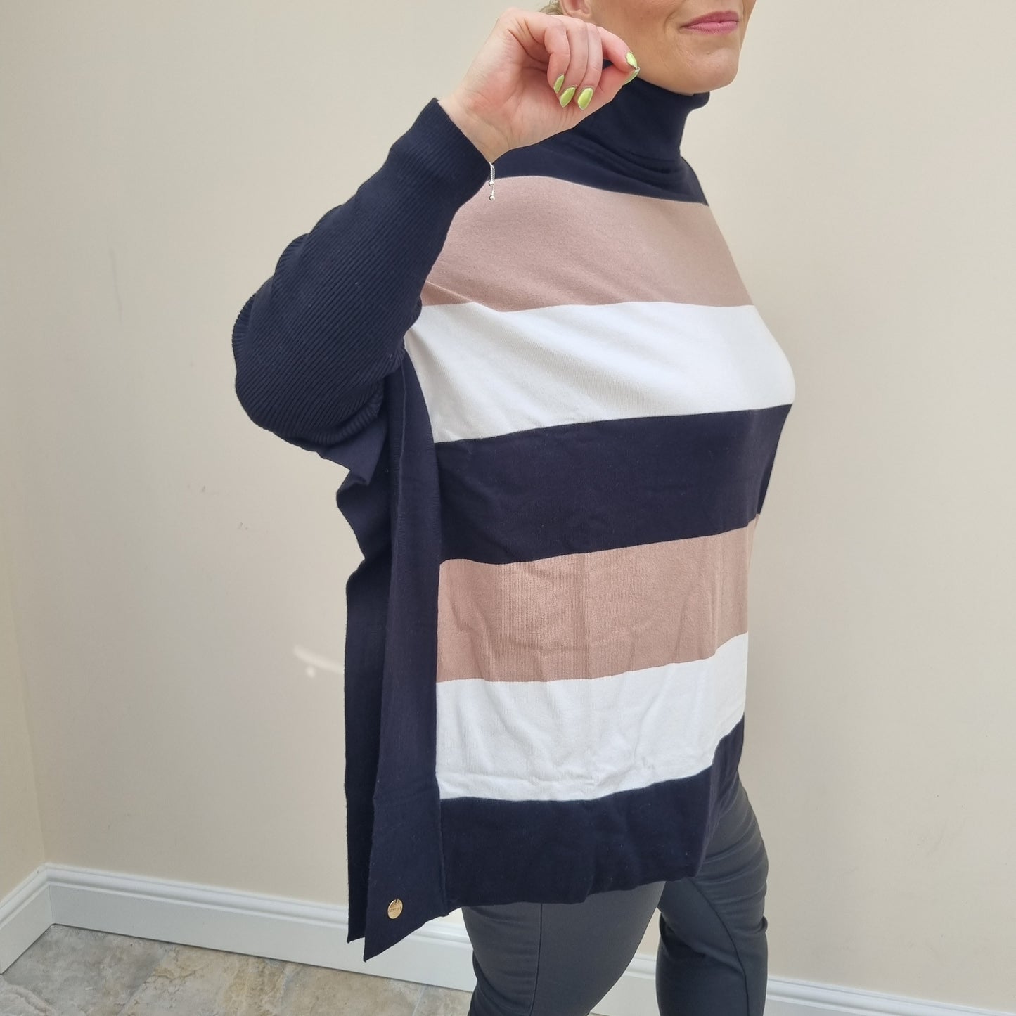 Malissa J Roll Neck jumper with 3 tone stripe