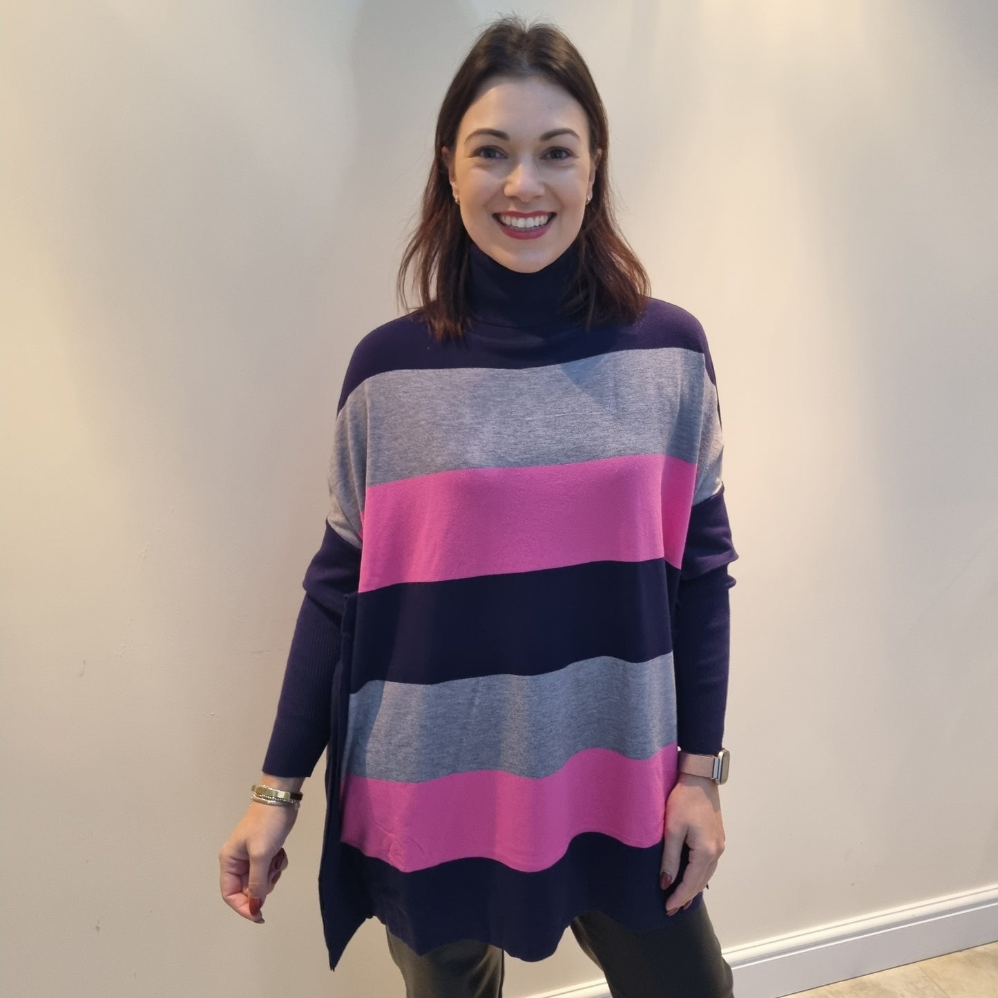 Malissa J Roll Neck jumper with 3 tone stripe