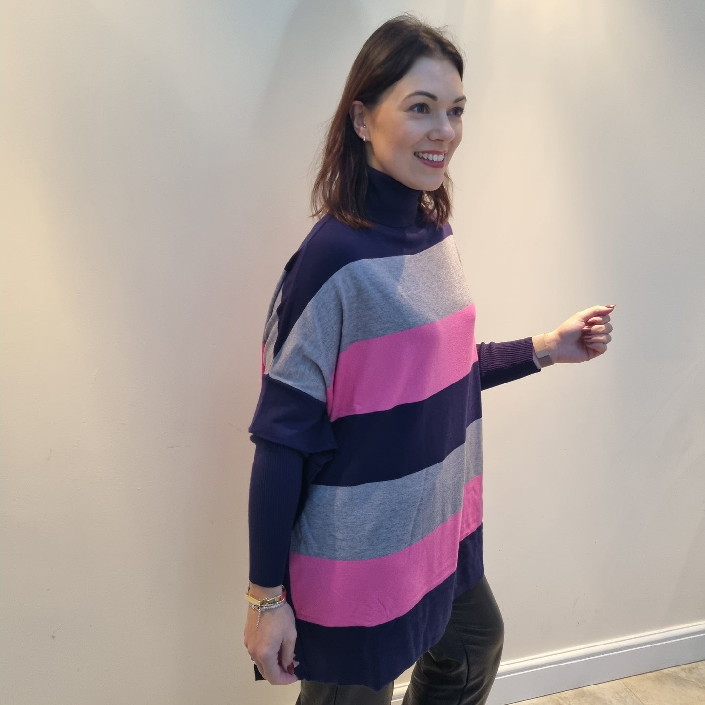 Malissa J Roll Neck jumper with 3 tone stripe
