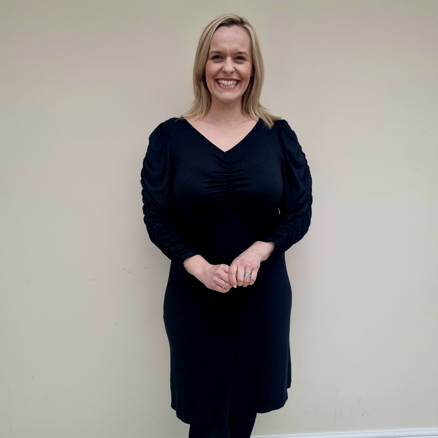 Malissa J V Neck ruched sleeve dress