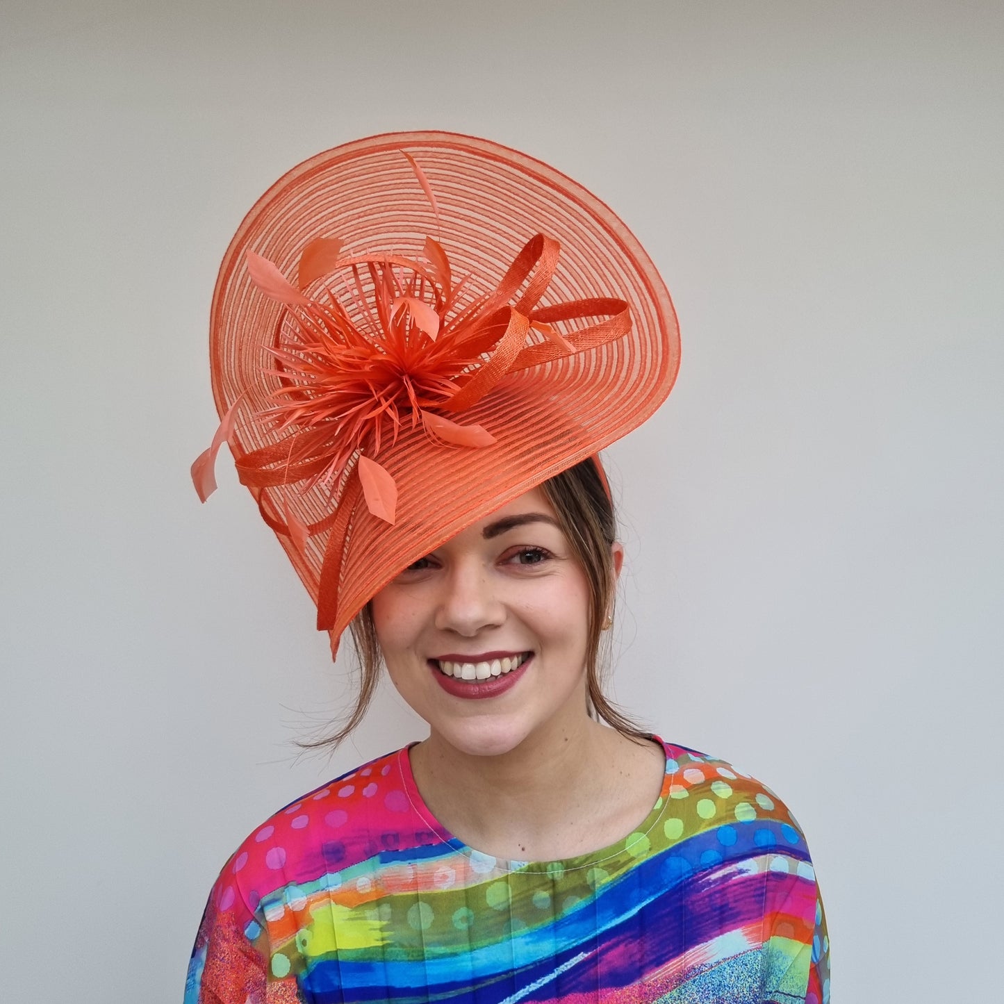 JBees JB24/15 Large Patterned Crin Fascinator with Feathers in Yellows and Oranges