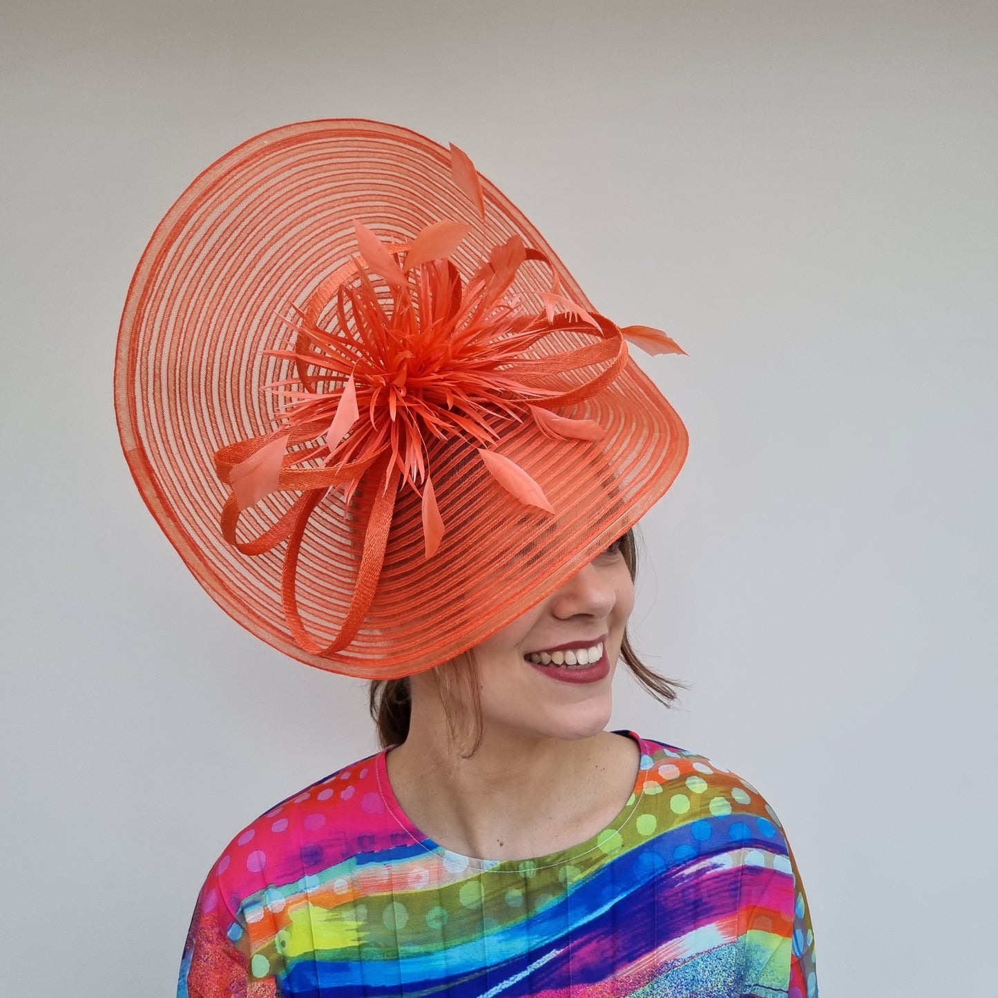 JBees JB24/15 Large Patterned Crin Fascinator with Feathers in Yellows and Oranges