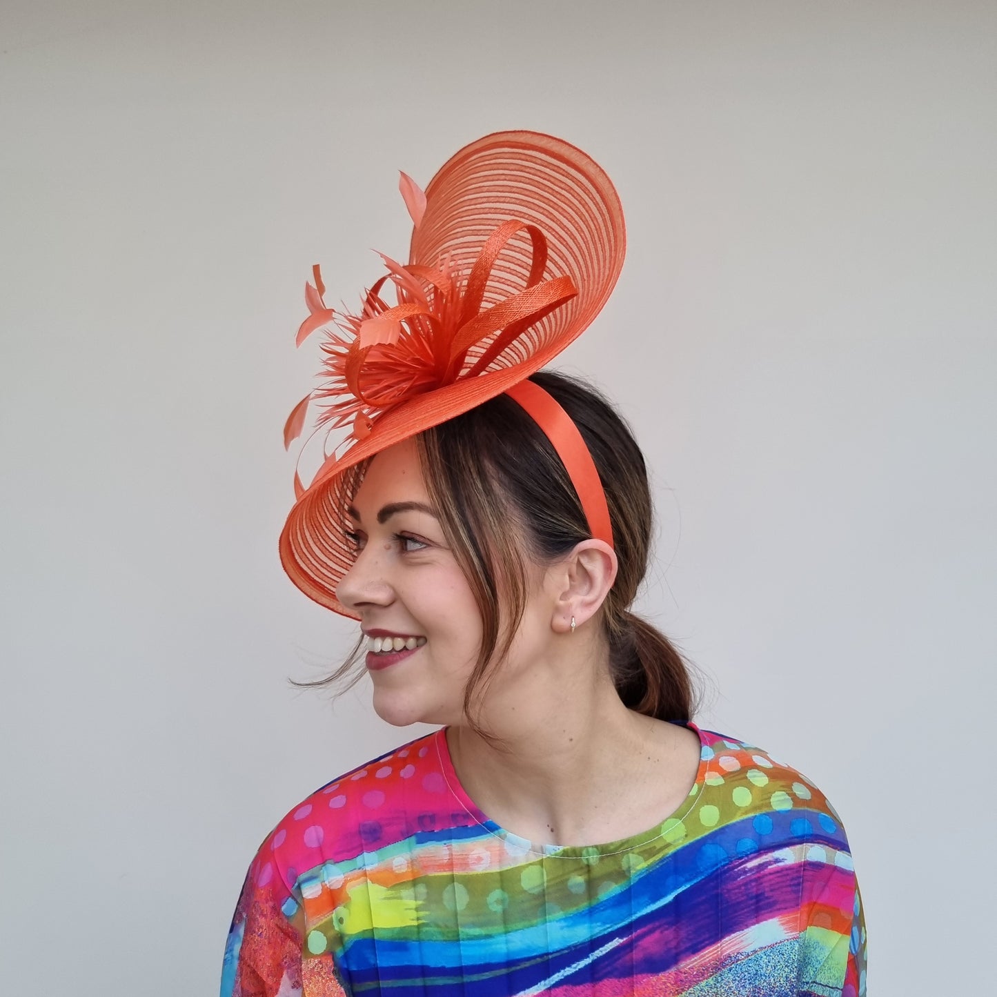 JBees JB24/15 Large Patterned Crin Fascinator with Feathers in Yellows and Oranges