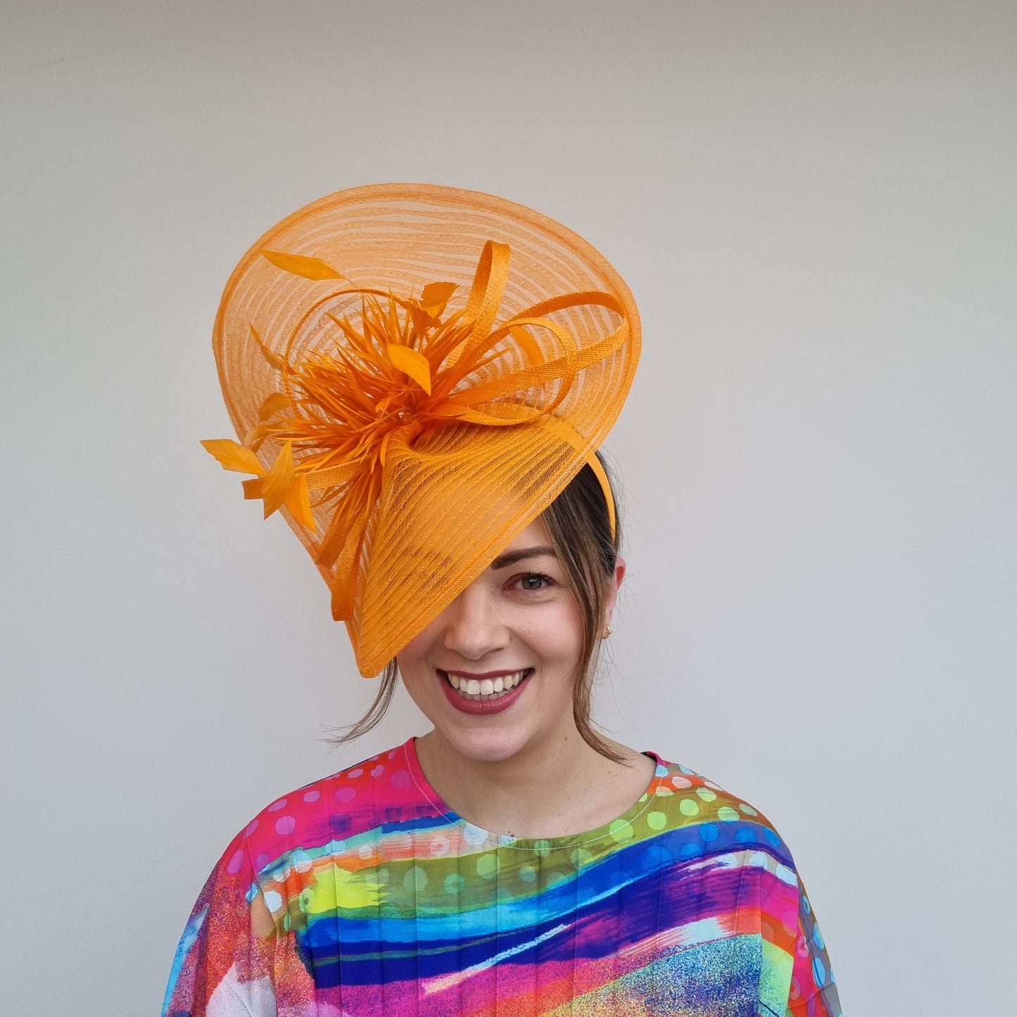 JBees JB24/15 Large Patterned Crin Fascinator with Feathers in Yellows and Oranges