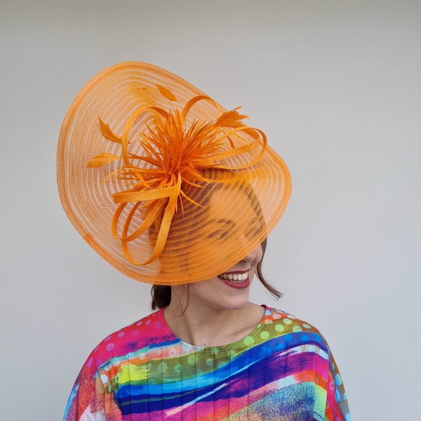 JBees JB24/15 Large Patterned Crin Fascinator with Feathers in Yellows and Oranges