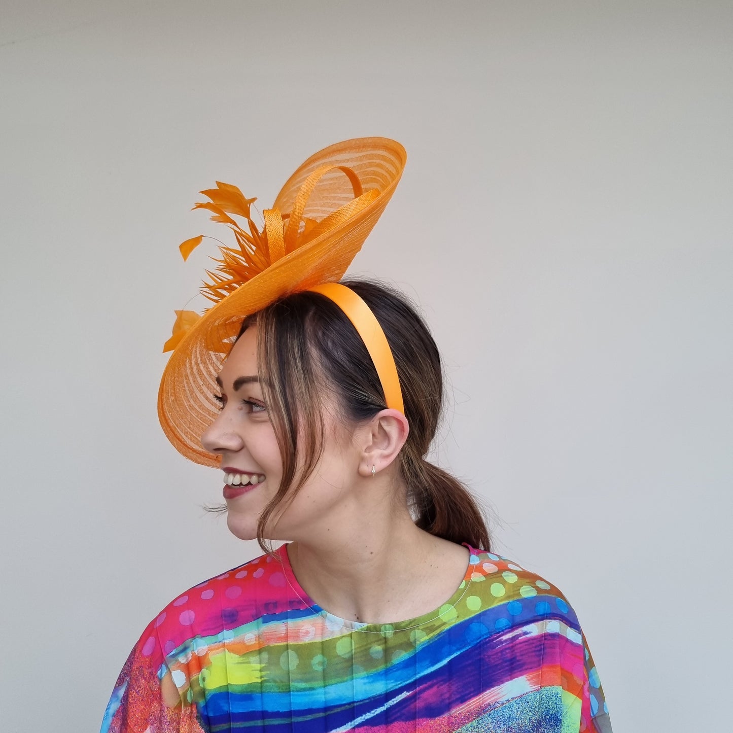 JBees JB24/15 Large Patterned Crin Fascinator with Feathers in Yellows and Oranges