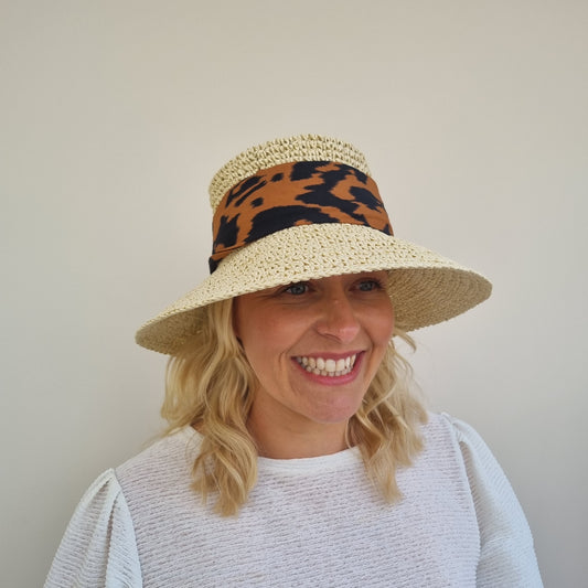 Boardmans Crochet Sun Hat with Leopard Ribbon Wide Band