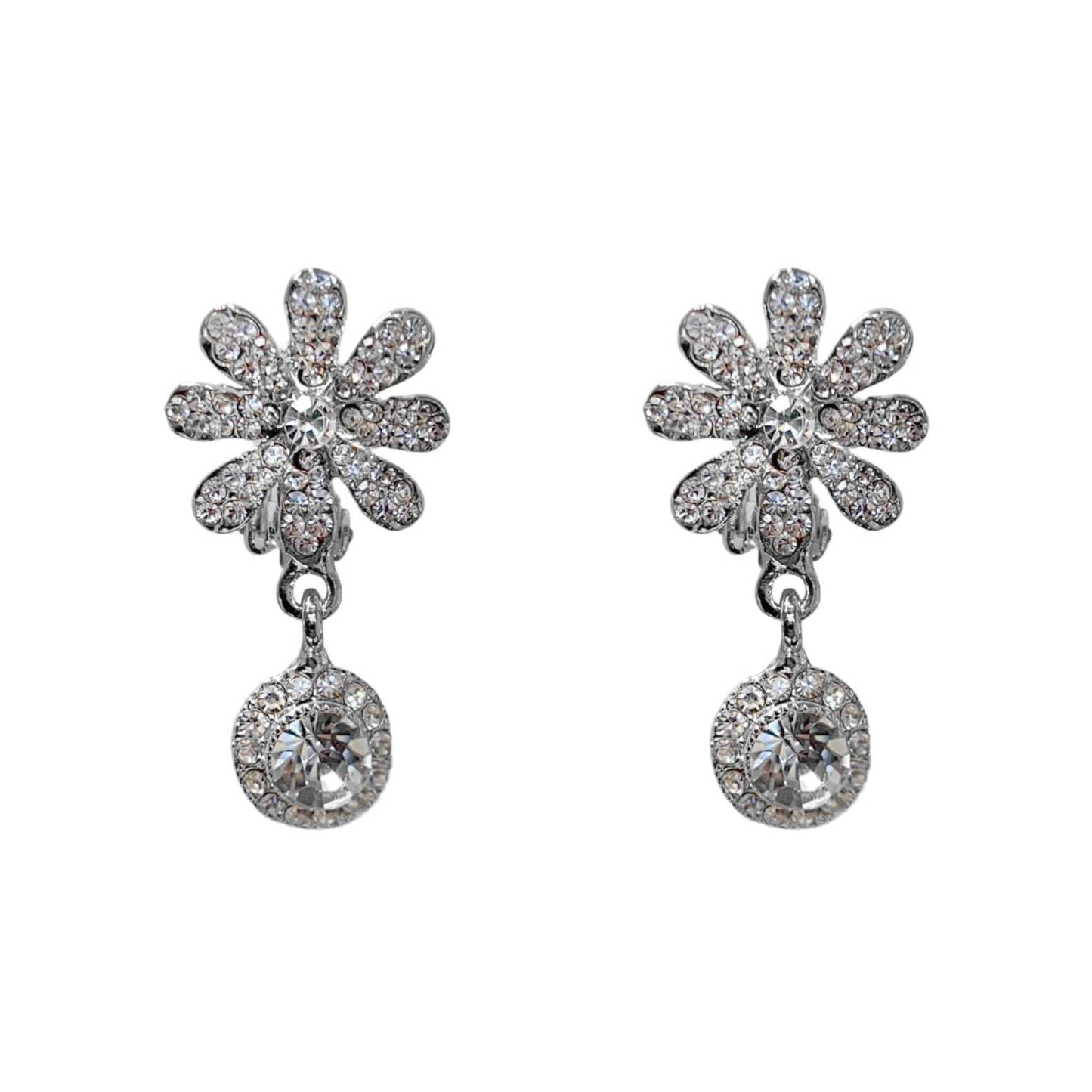 SHS Radiant Crystal Flower Drop Clip On Earrings