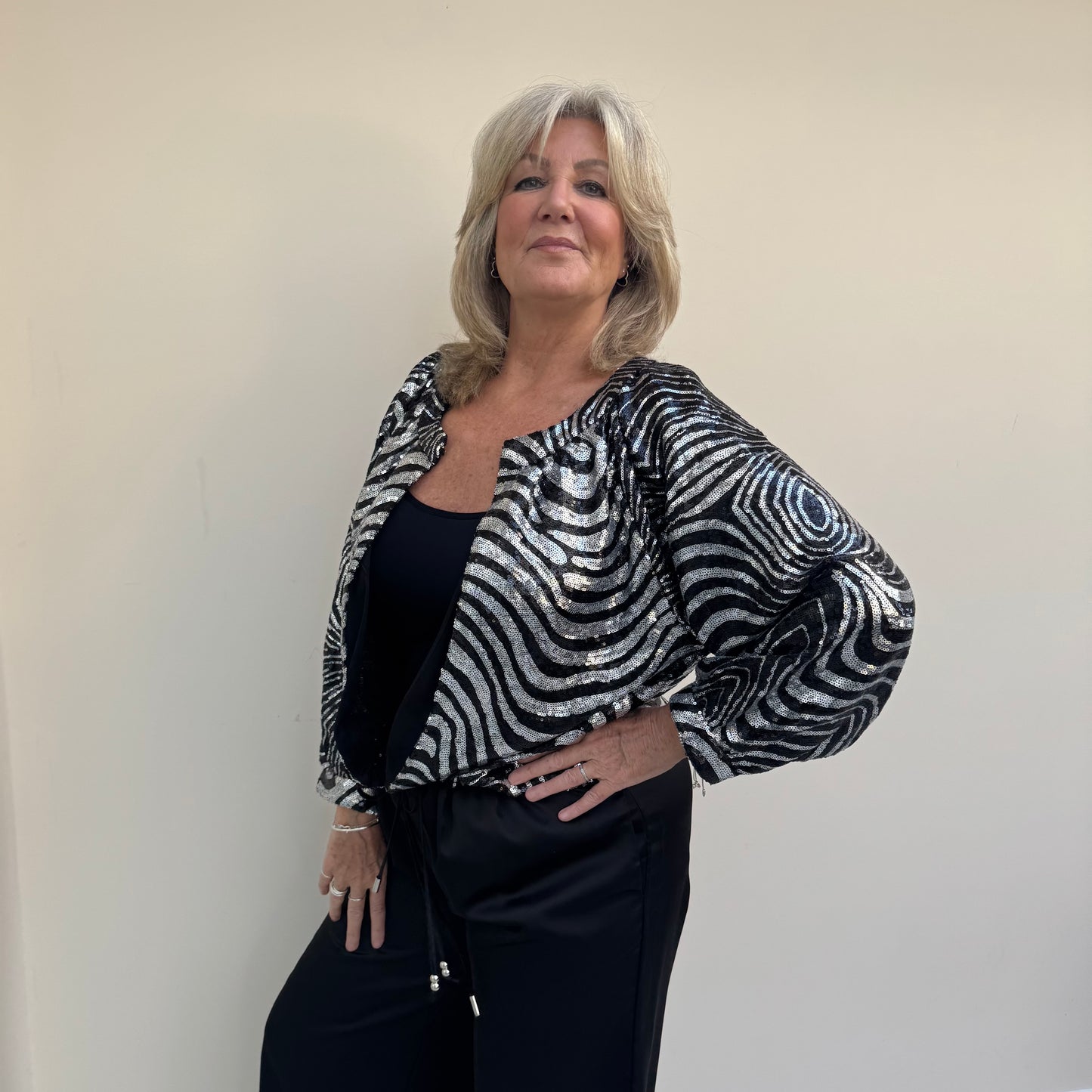 Malissa J WF2302 Silver Stripe Sequin Bomber Jacket