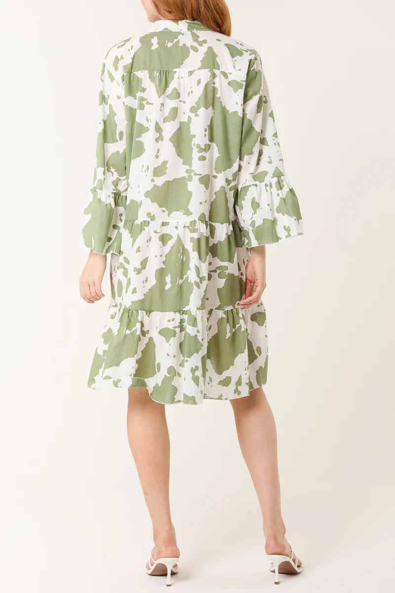 Cow Print Open Collar Tiered Dress