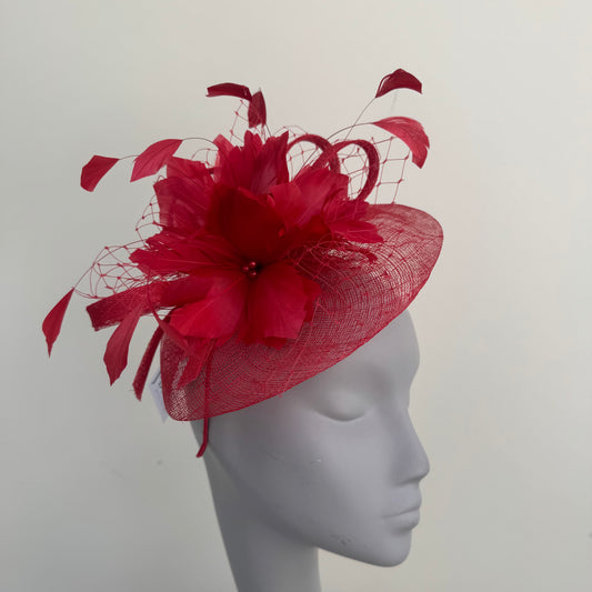J Bees  JB18/040 Red Fascinator with feathers