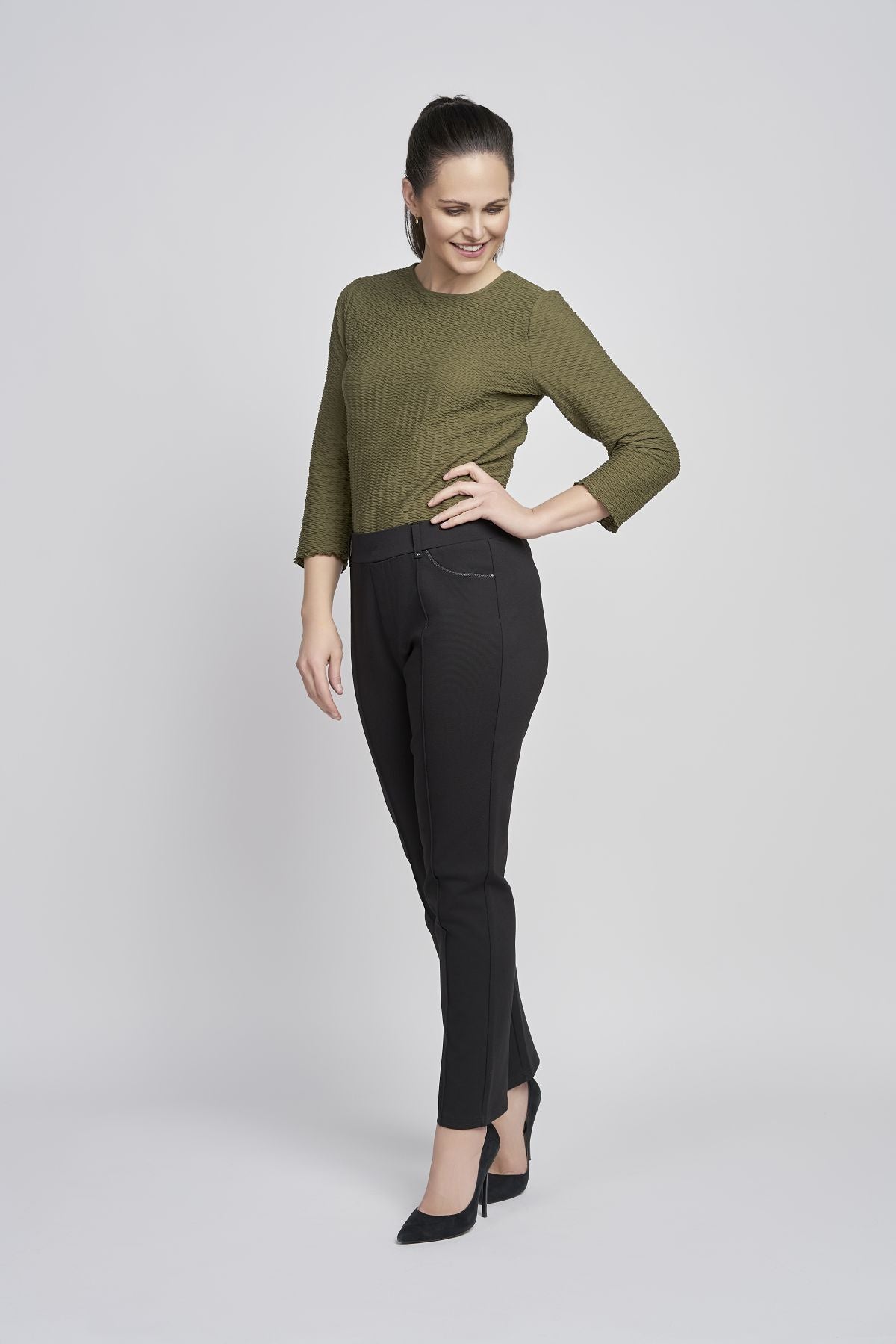 Pinns 707T Black Ponte Straight Leg Trousers with Silver Detail