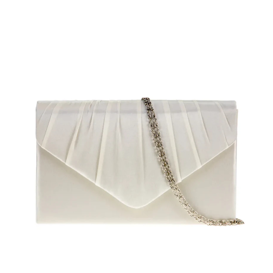 Ivory clutch bag with a decorative chain on a white background