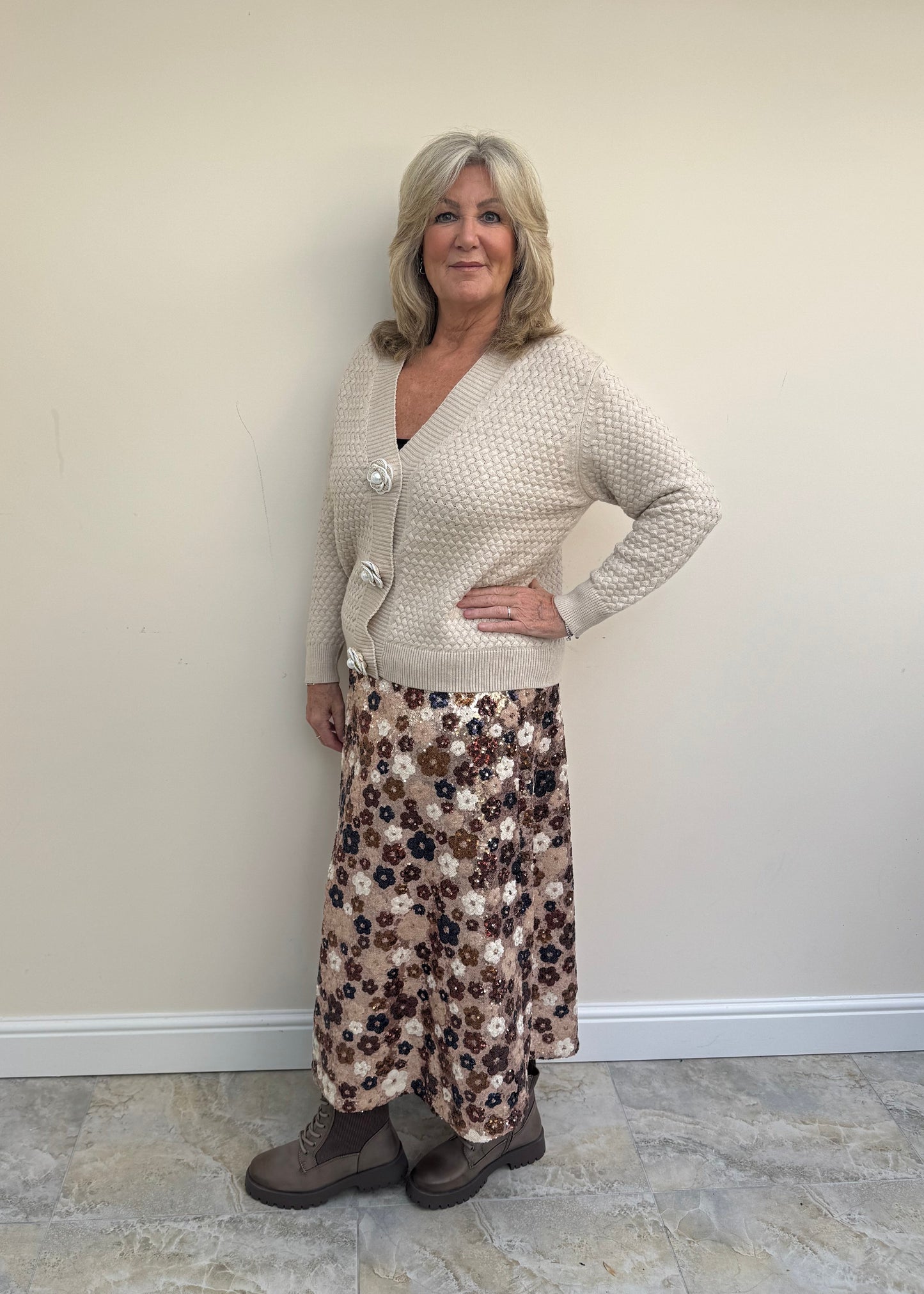 Malissa J WF2545 Waffle Knit Cardigan with Carmellia Poppers