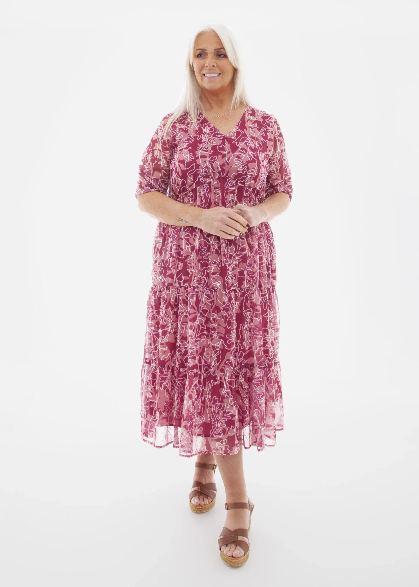 Dreams Shadow Floral Embroided Tiered Dress