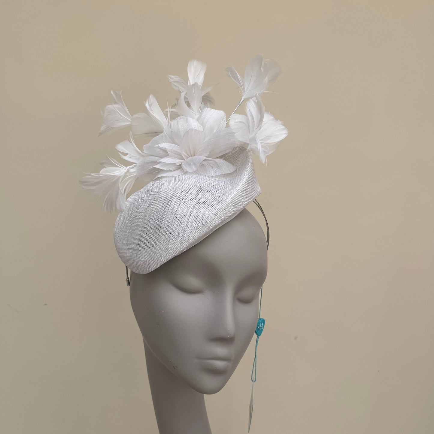 Max and Ellie JP1 White Pillbox Buntal Flower Wired Goose Feathers Hat