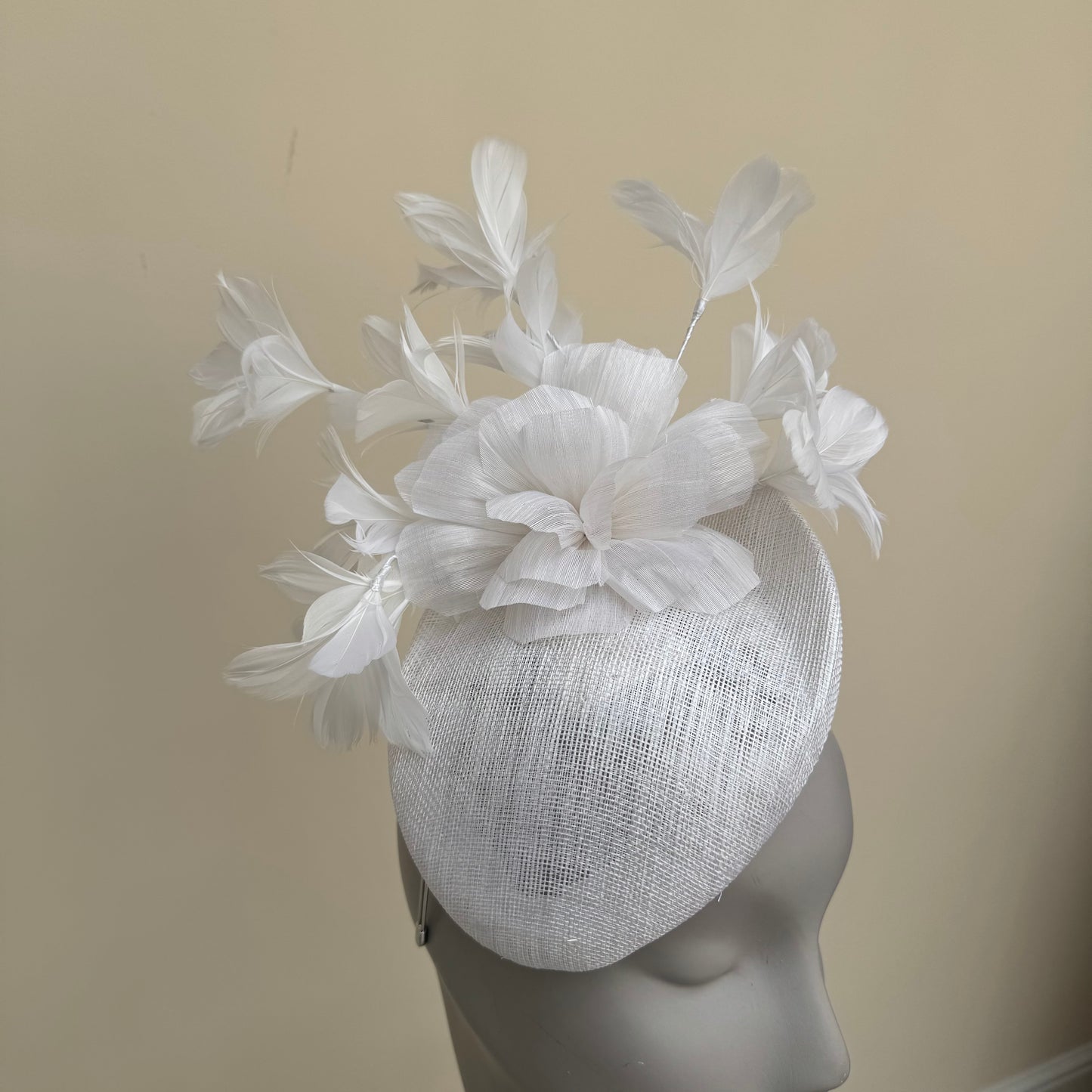 Max and Ellie JP1 White Pillbox Buntal Flower Wired Goose Feathers Hat