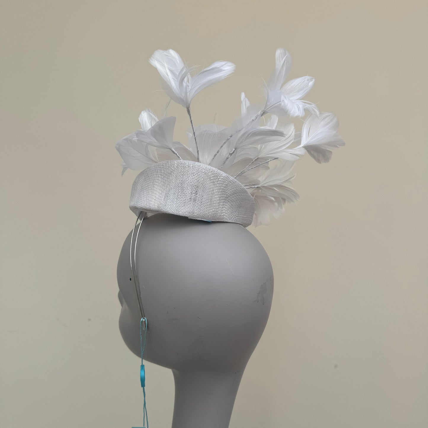 Max and Ellie JP1 White Pillbox Buntal Flower Wired Goose Feathers Hat
