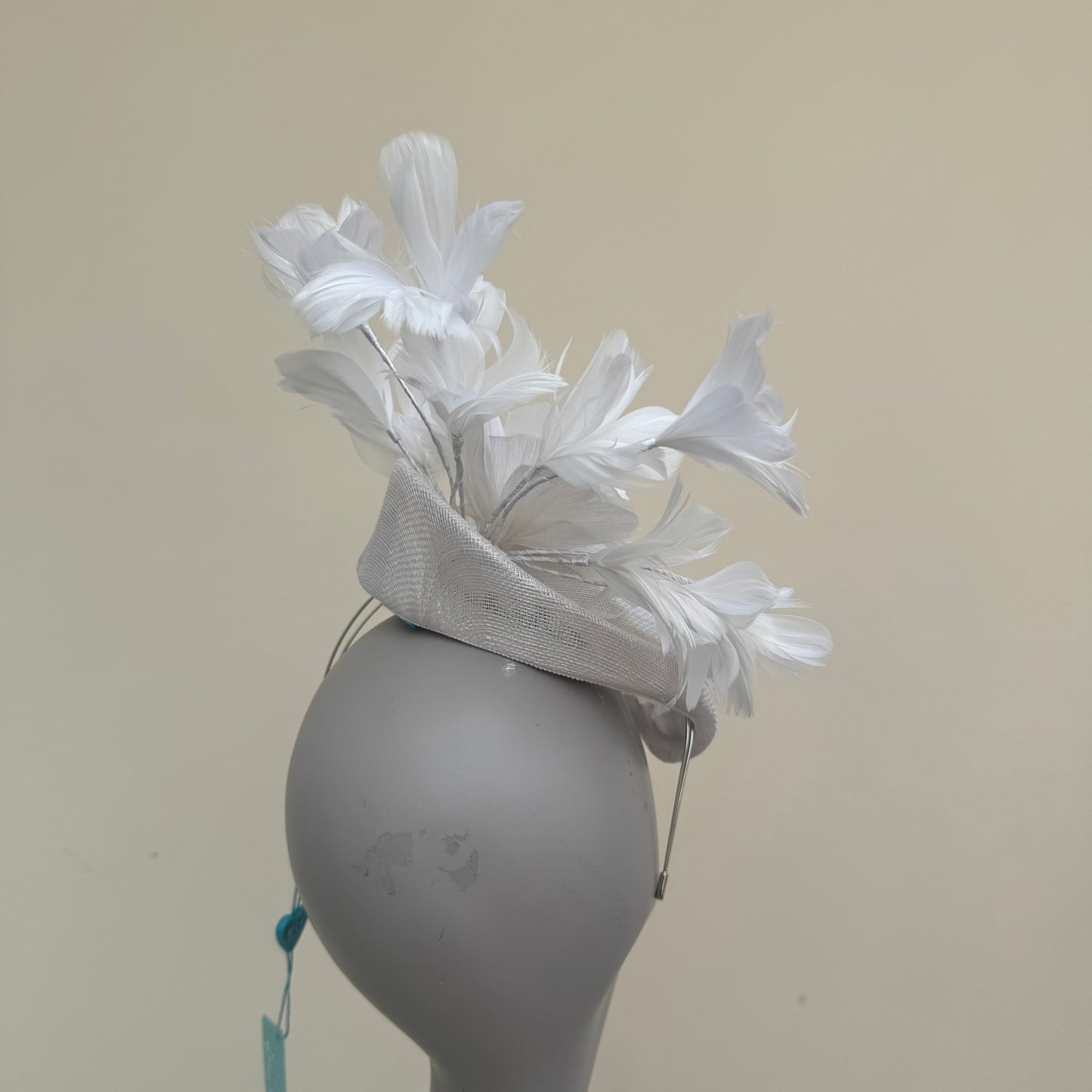 Max and Ellie JP1 White Pillbox Buntal Flower Wired Goose Feathers Hat
