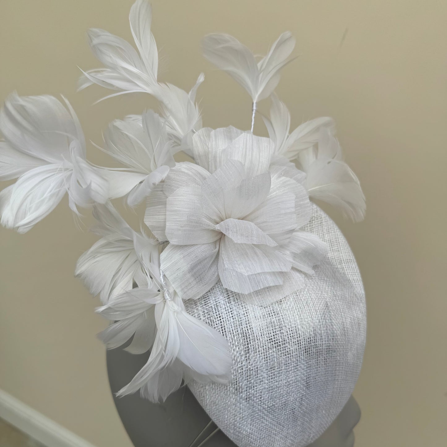 Max and Ellie JP1 White Pillbox Buntal Flower Wired Goose Feathers Hat