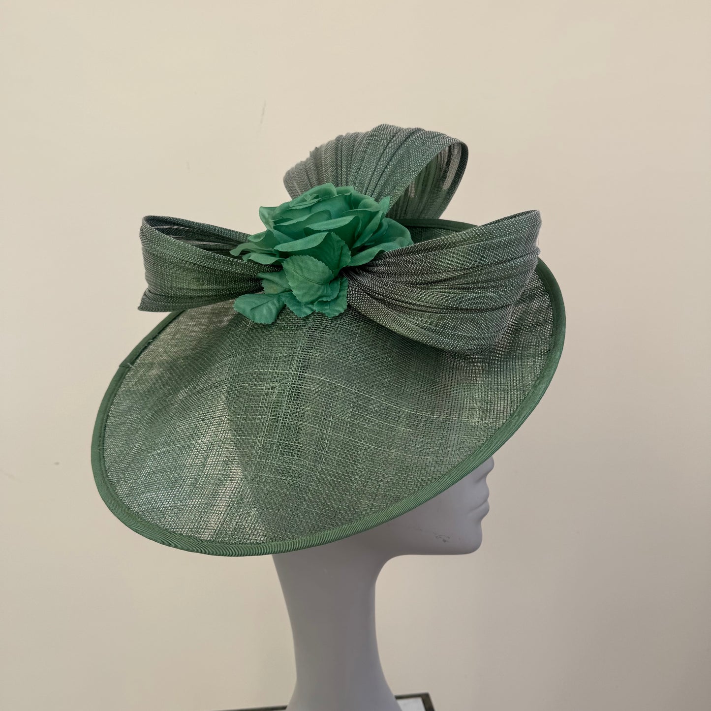 J Bees JB25/59 Sage Green Disc Hatinator with Ribbon and Rose Detail