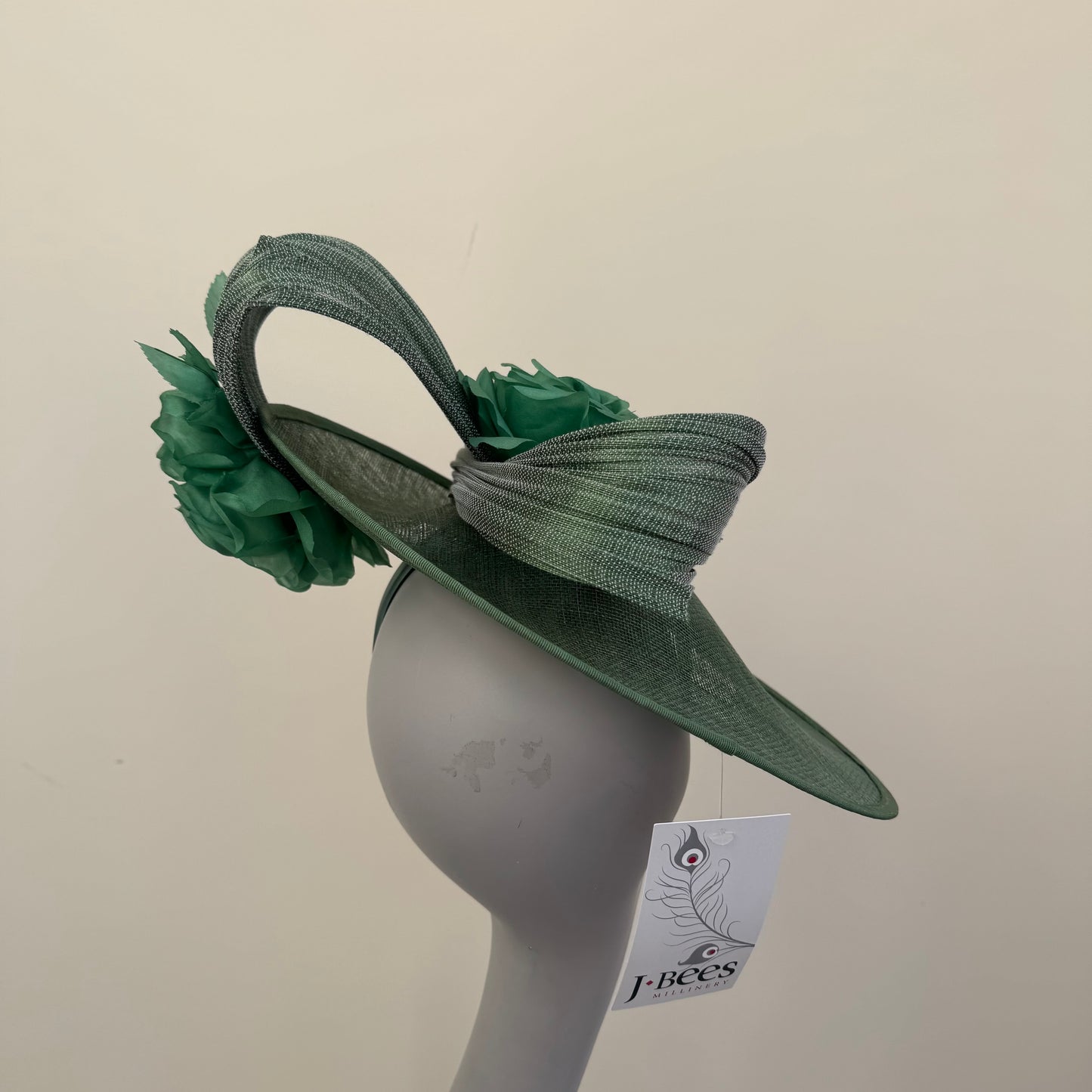 J Bees JB25/59 Sage Green Disc Hatinator with Ribbon and Rose Detail