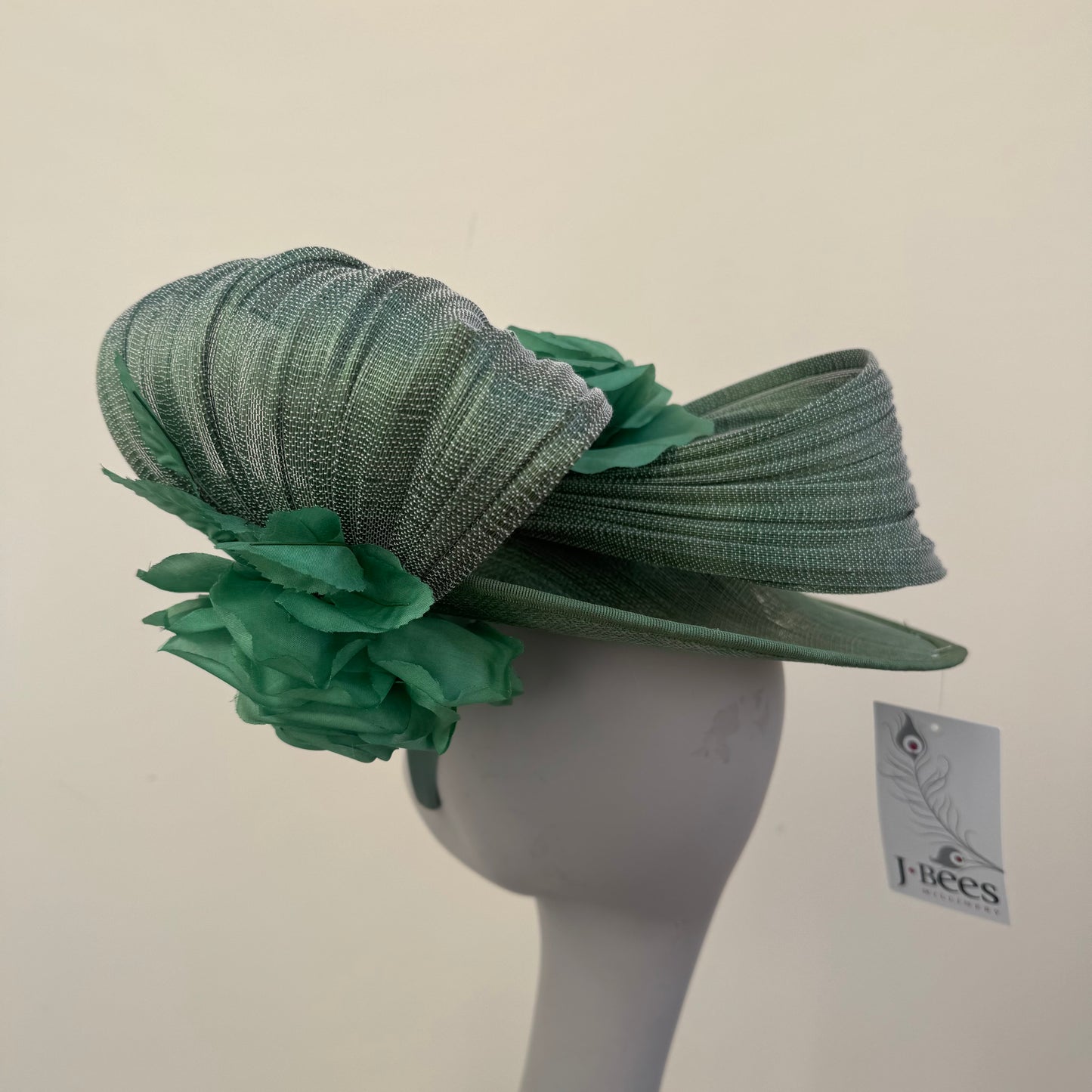 J Bees JB25/59 Sage Green Disc Hatinator with Ribbon and Rose Detail