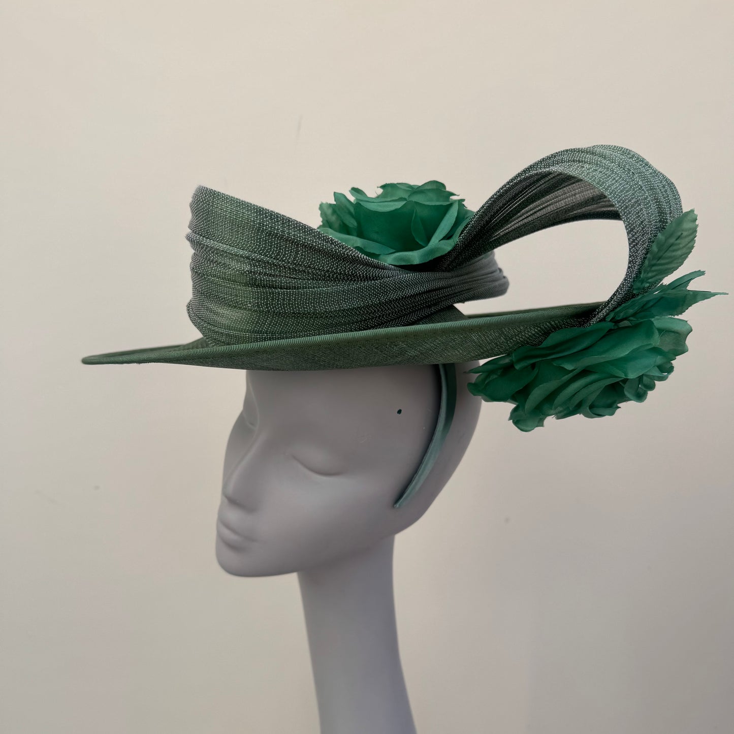 J Bees JB25/59 Sage Green Disc Hatinator with Ribbon and Rose Detail