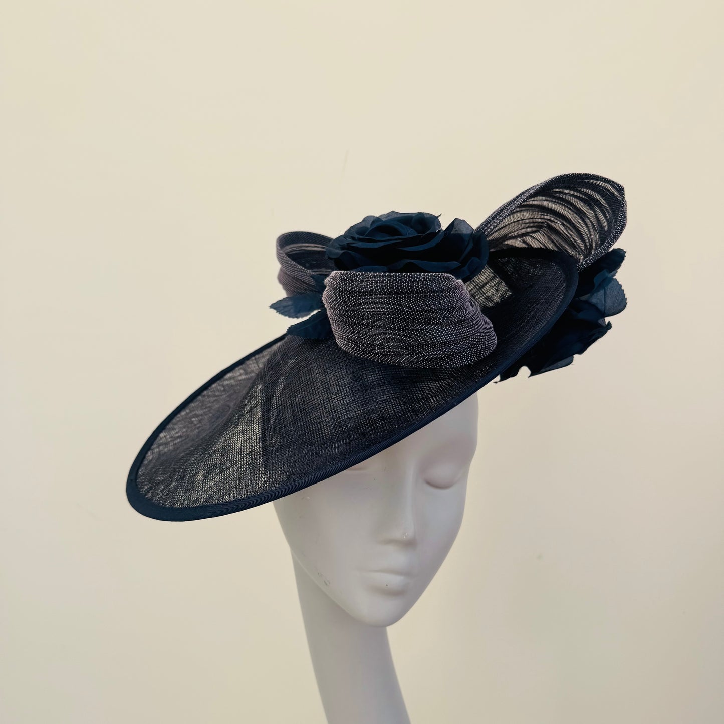 J Bees JB25/59 Navy Blue Disc Hatinator with Ribbon and Rose Detail