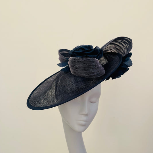 J Bees JB25/59 Navy Blue Disc Hatinator with Ribbon and Rose Detail
