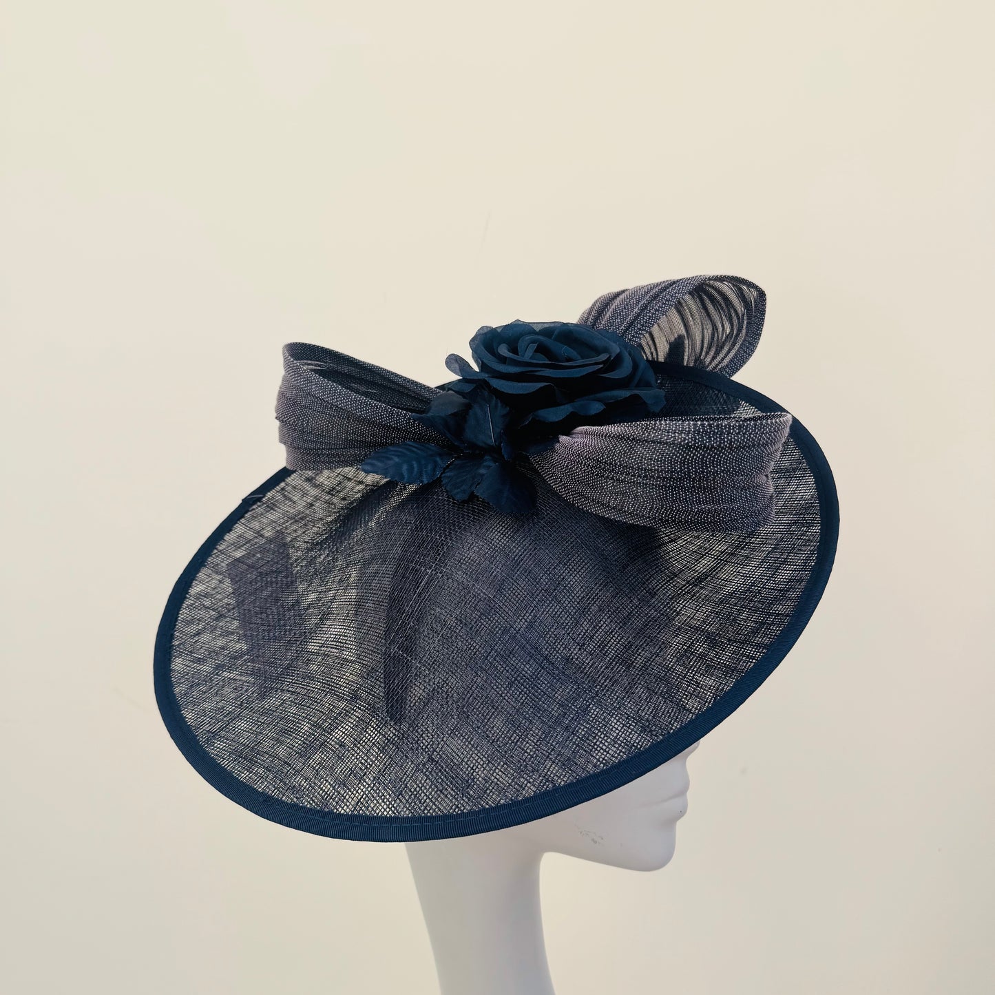 J Bees JB25/59 Navy Blue Disc Hatinator with Ribbon and Rose Detail