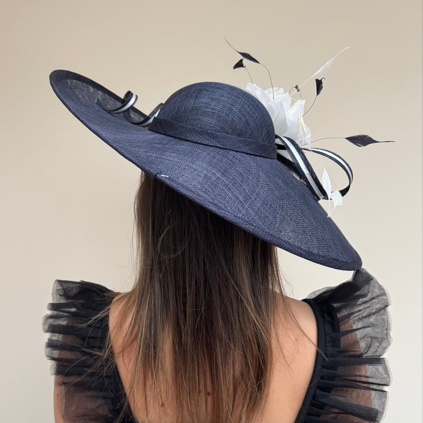 J Bees JB26/1020 Navy Blue & White Feather and Ribbon Hatinator