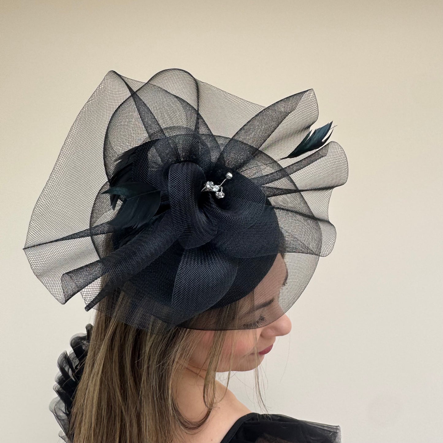 J Bees JB26/110 Black Pillbox Fascinator with Net