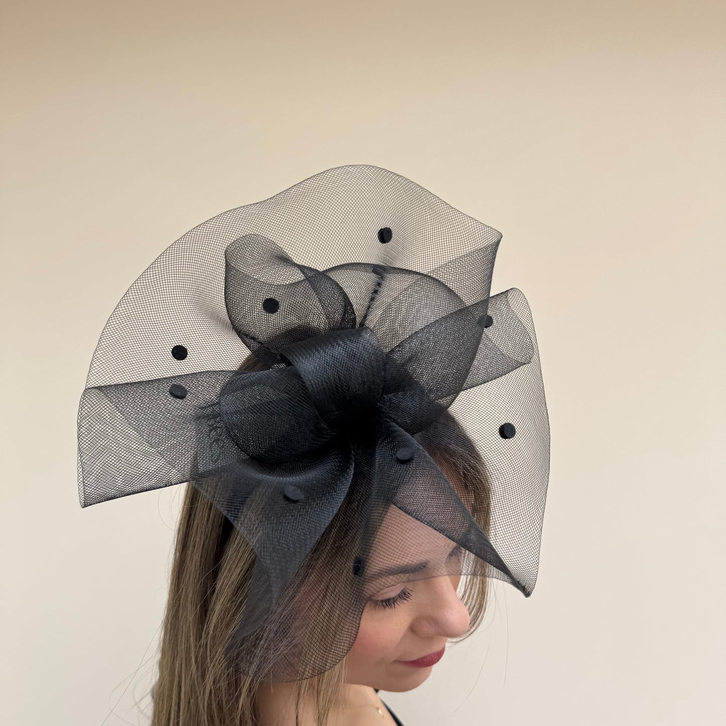 J Bees JB26/125 Black Net Polka Dot Fascinator