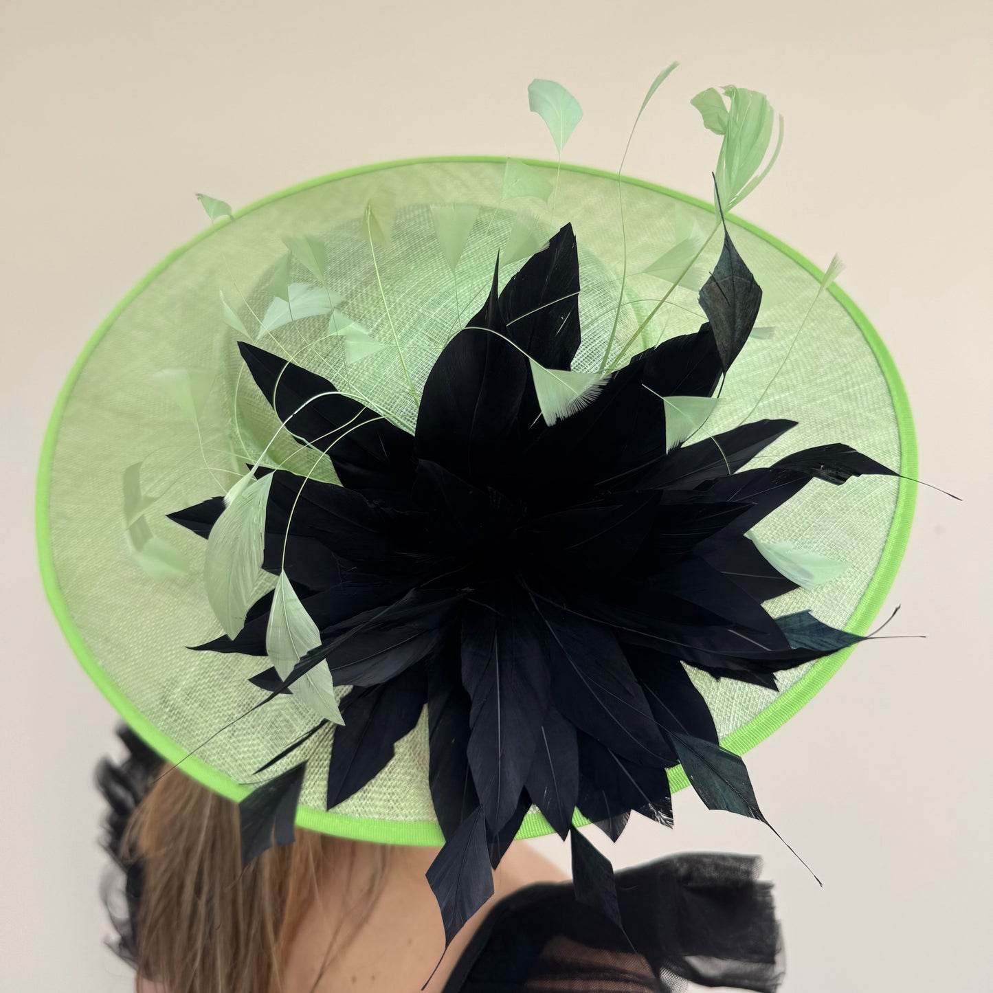 J Bees JB26/134 Lime and Black Boater Hatinator with Feathers Lime/Black