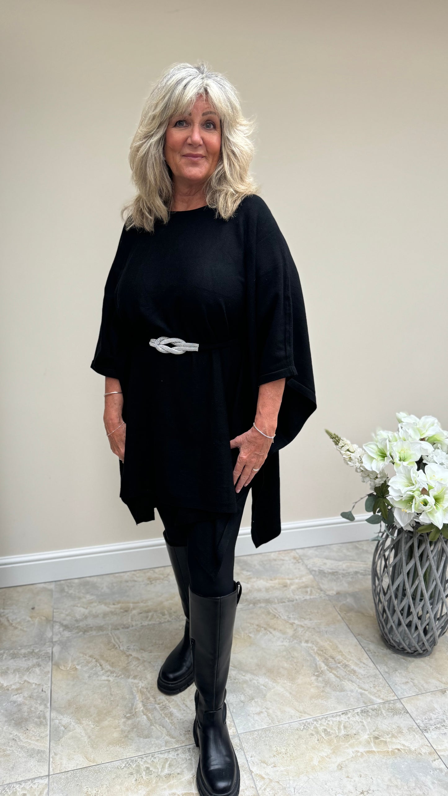 Malissa J Black Poncho Style Jumper with Bling Knot Belt
