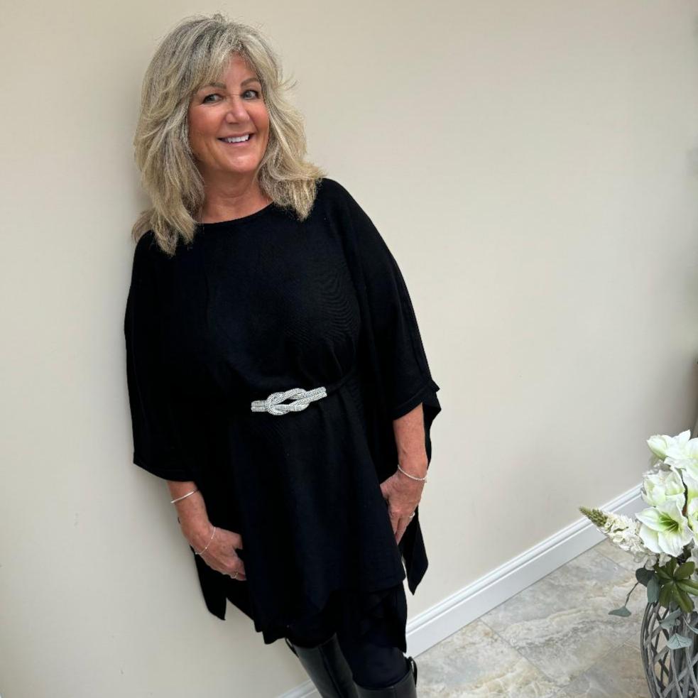 Malissa J Black Poncho Style Jumper with Bling Knot Belt