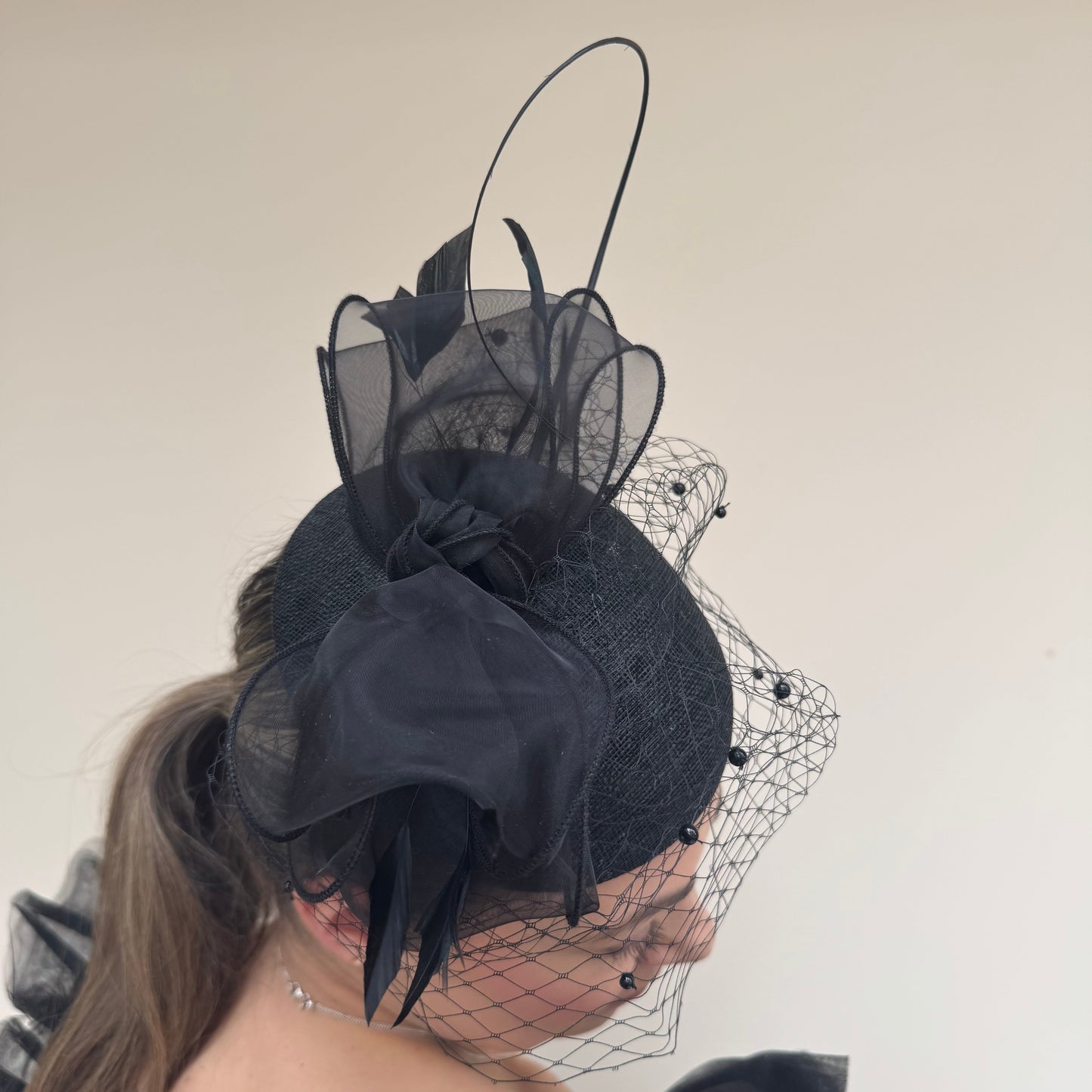 J Bees JB26/108 Black Pillbox with pearl and lace