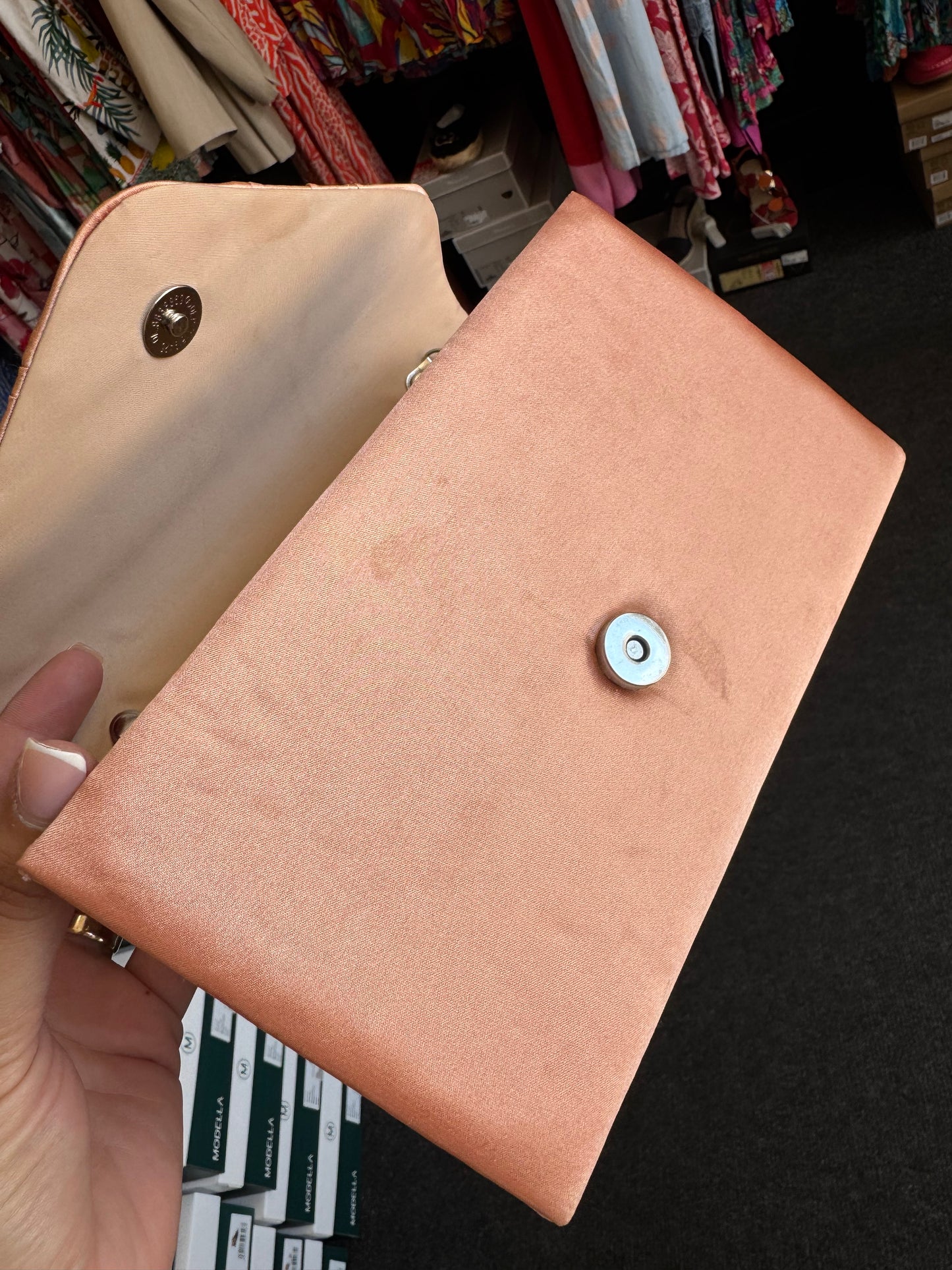 Shop Soiled Koko 8002 peach satin evening clutch with chain