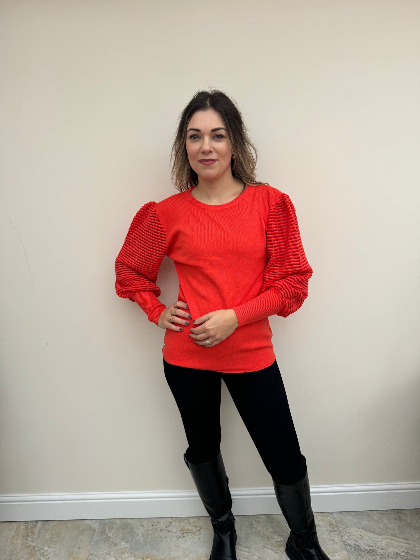Malissa J WF2168 Round Neck Knitted Jumper with Rib Mesh Sleeve