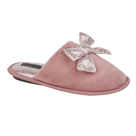 Pink slipper with a decorative bow on a white background