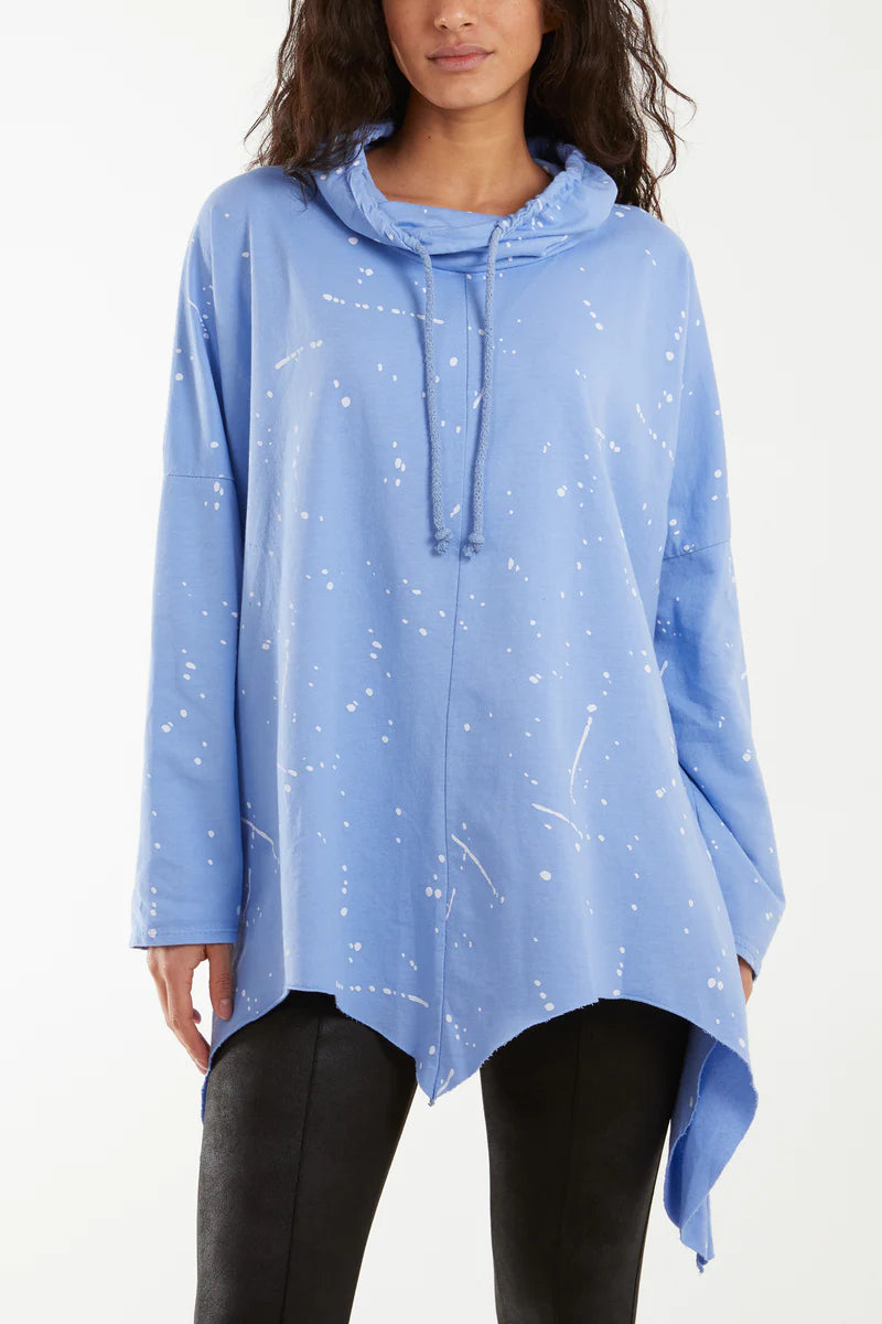 Paint Splatter Cowl Neck Hanky Hem Sweater