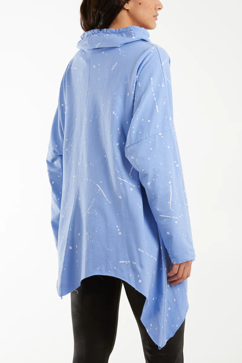 Paint Splatter Cowl Neck Hanky Hem Sweater
