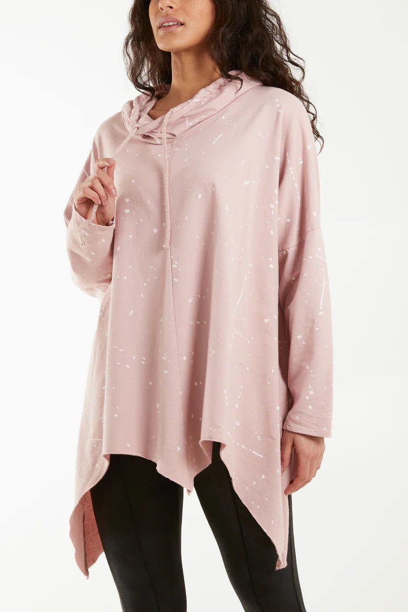 Paint Splatter Cowl Neck Hanky Hem Sweater