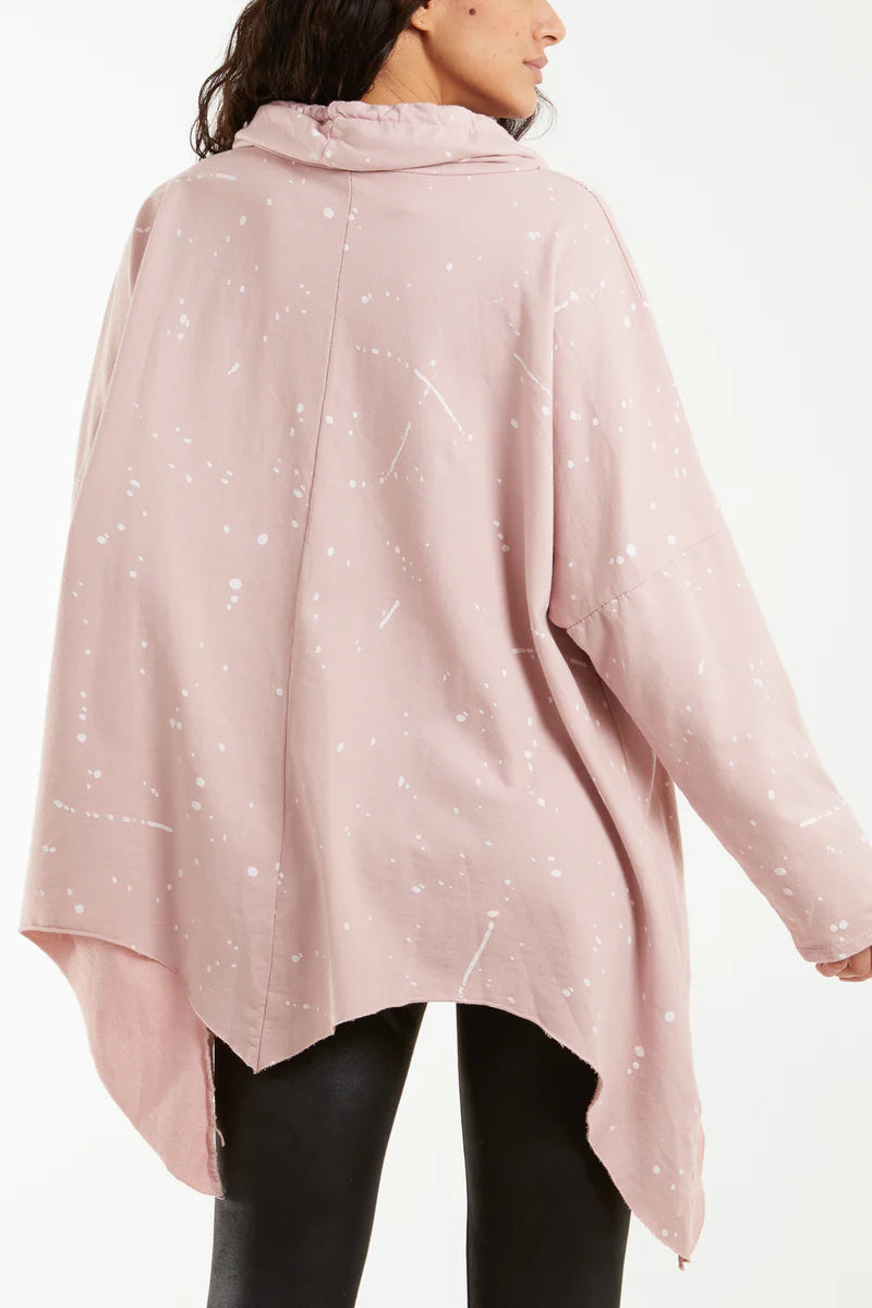 Paint Splatter Cowl Neck Hanky Hem Sweater